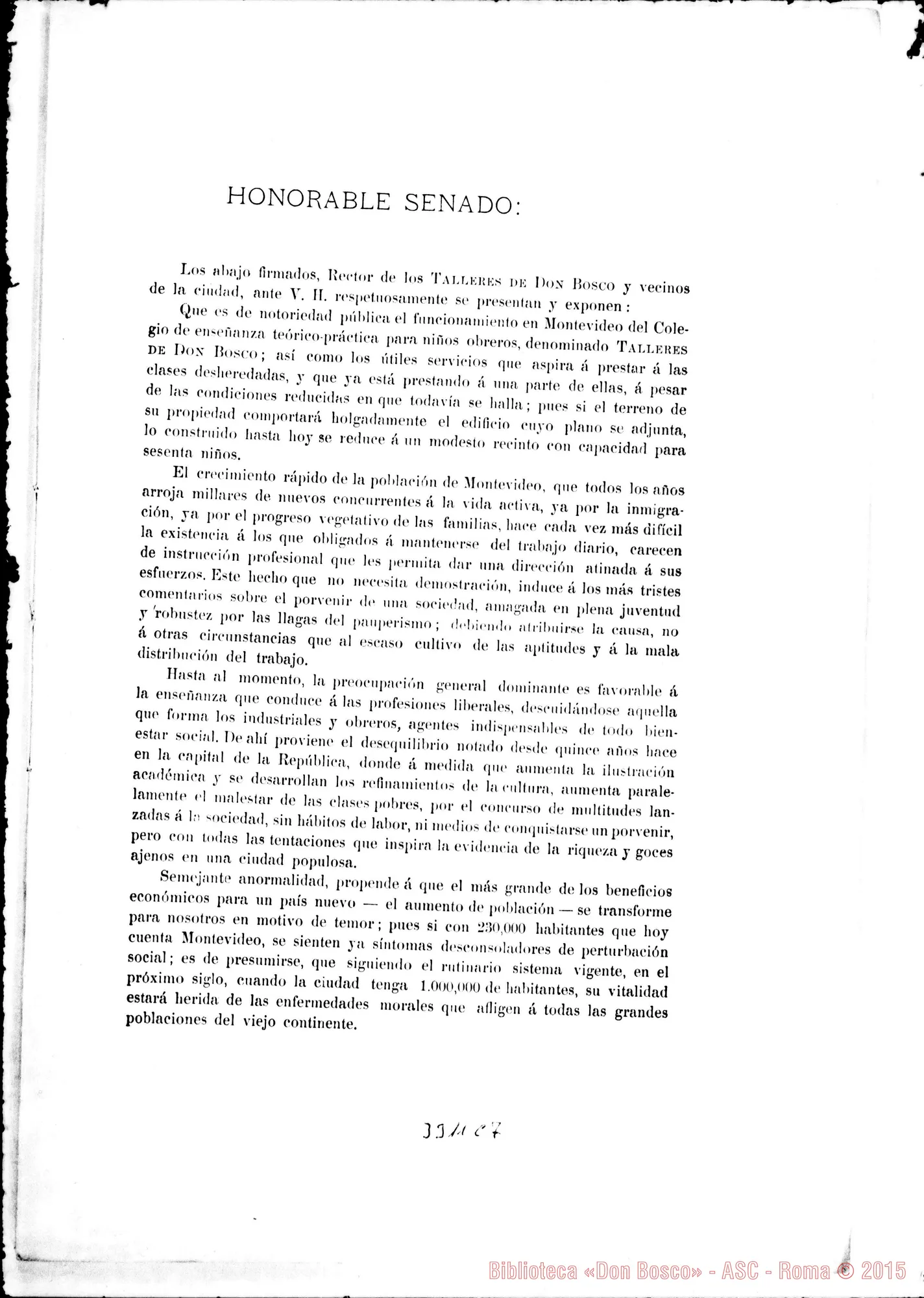 Fotogramma C 7 — Montevideo: Petición al Honorable Senado en favor de los Talleres Don Bosco. Montevideo, 1906