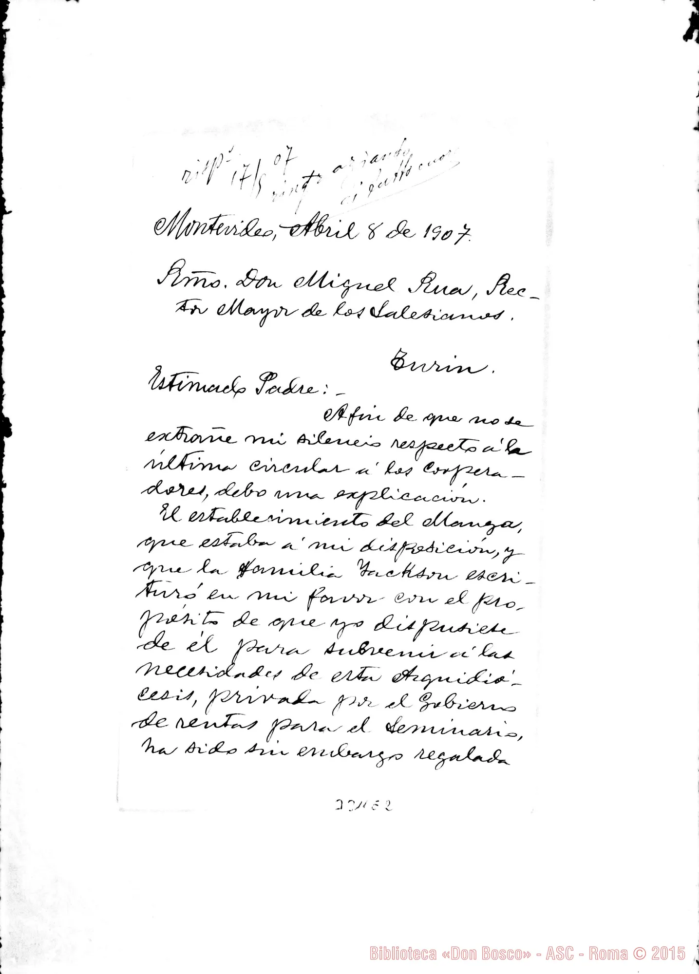 Fotogramma E 2 — Mariano Soler, arciv. di Montevideo-Don Rua, 1’8-04-1907 Autogr. Rua