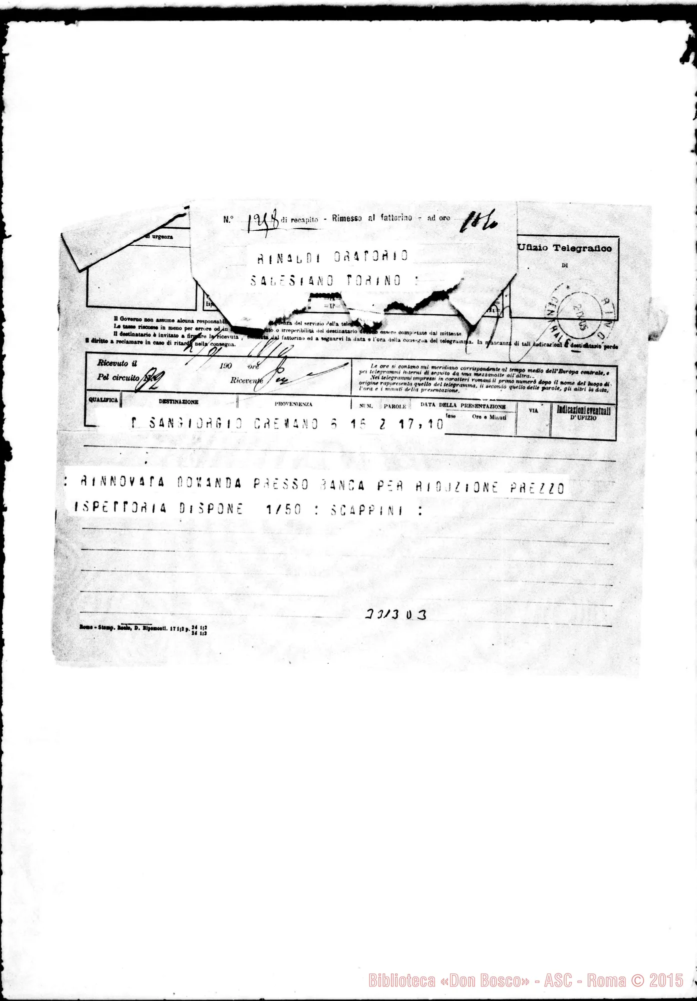 Fotogramma D 3 — Scappini-Don Rinaldi. Telegrammi con accluse risposte. Autogr. Rinaldi