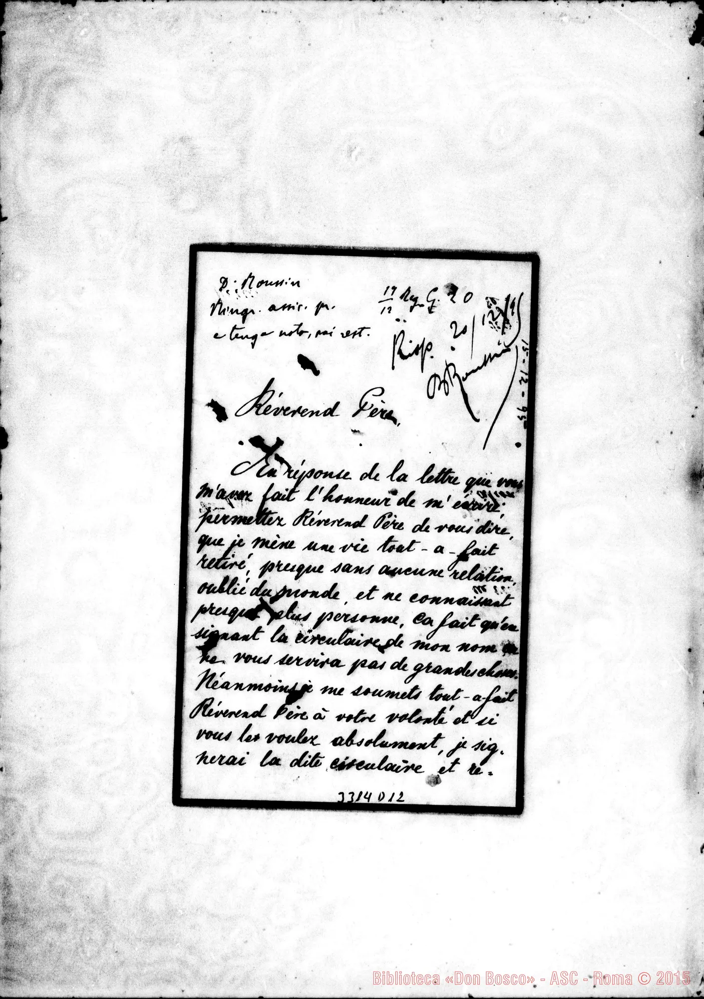 Fotogramma D 12 — Georges A. Esterhâzy-Révérend Père, il 15-12-1895 Autogr. Rua