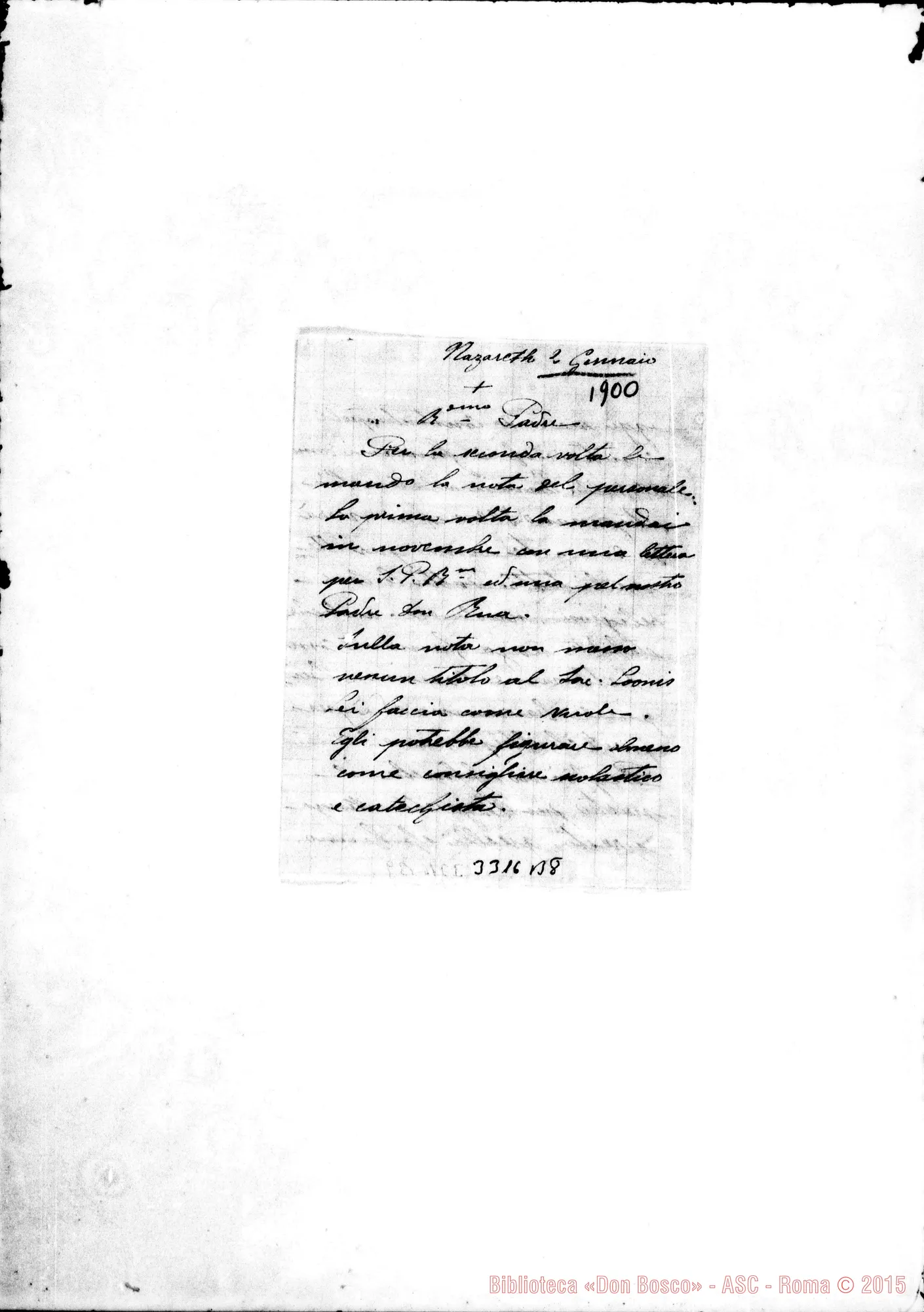 Fotogramma B 8 — Don Atanasio Prun-Rev.mo Padre. Nazareth, 2-01-1900