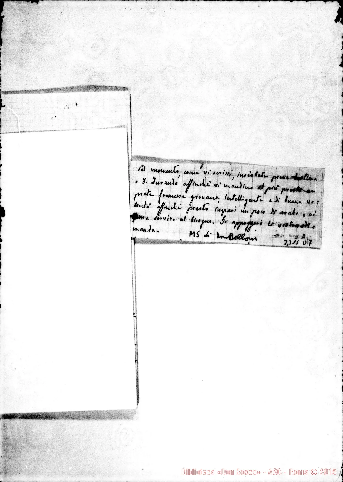 Fotogramma D 7 — Don Atanasio Prun-Rev.do Padre. Nazareth, 12-03-1900 All. postilla di D. Belloni