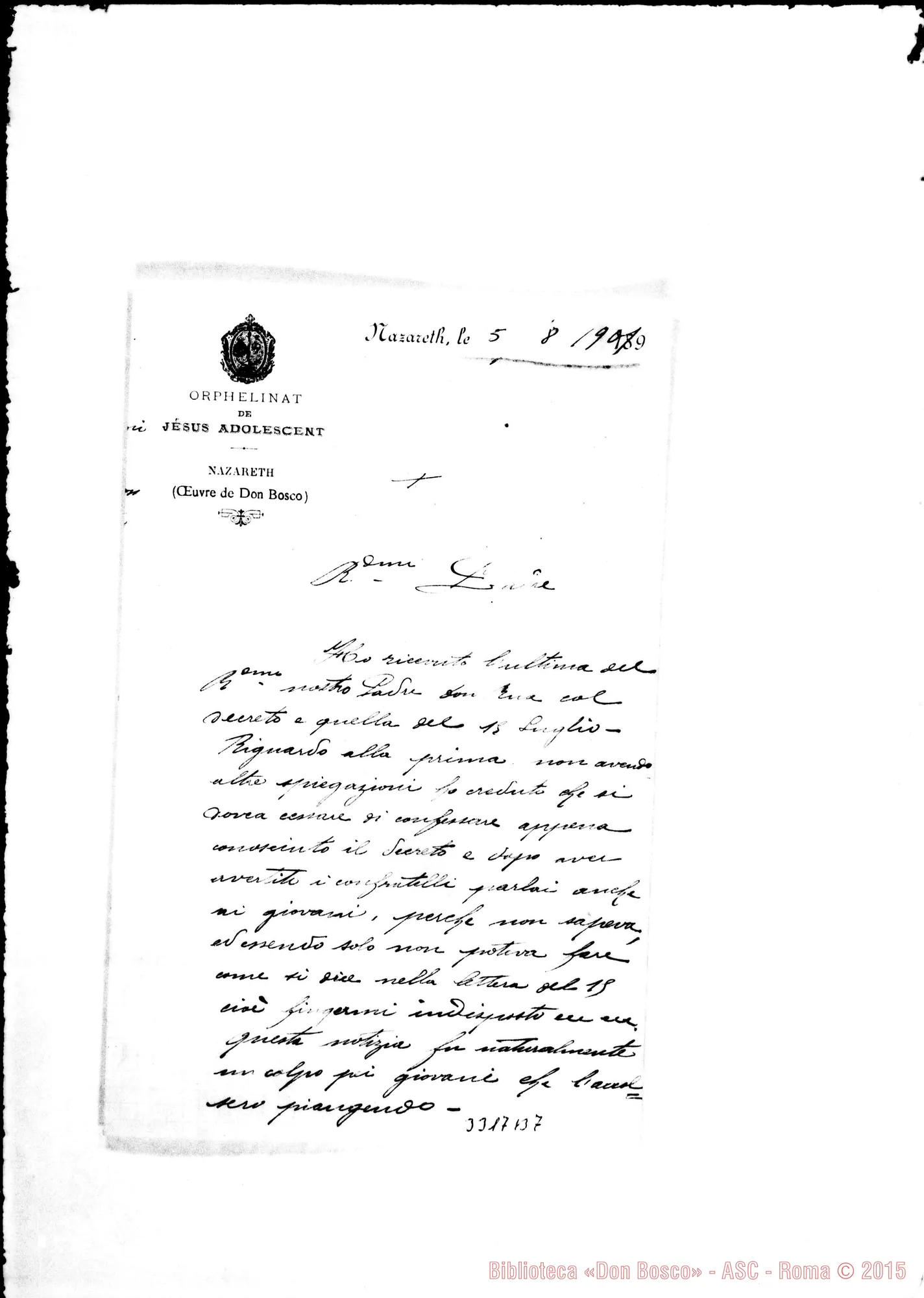 Fotogramma B 7 — Don Atanasio Prun-Rev.mo Padre. Nazareth, 5-08-1901