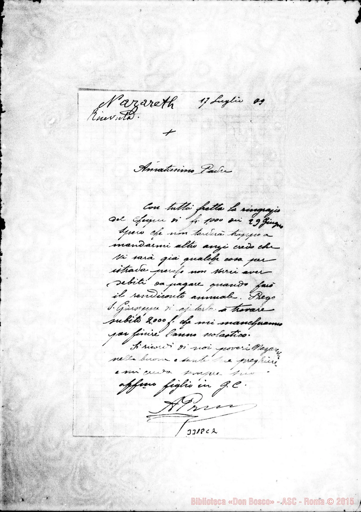 Fotogramma C 2 — Don Atanasio Prun-Amatissimo Padre. Nazareth, 13-07-1899