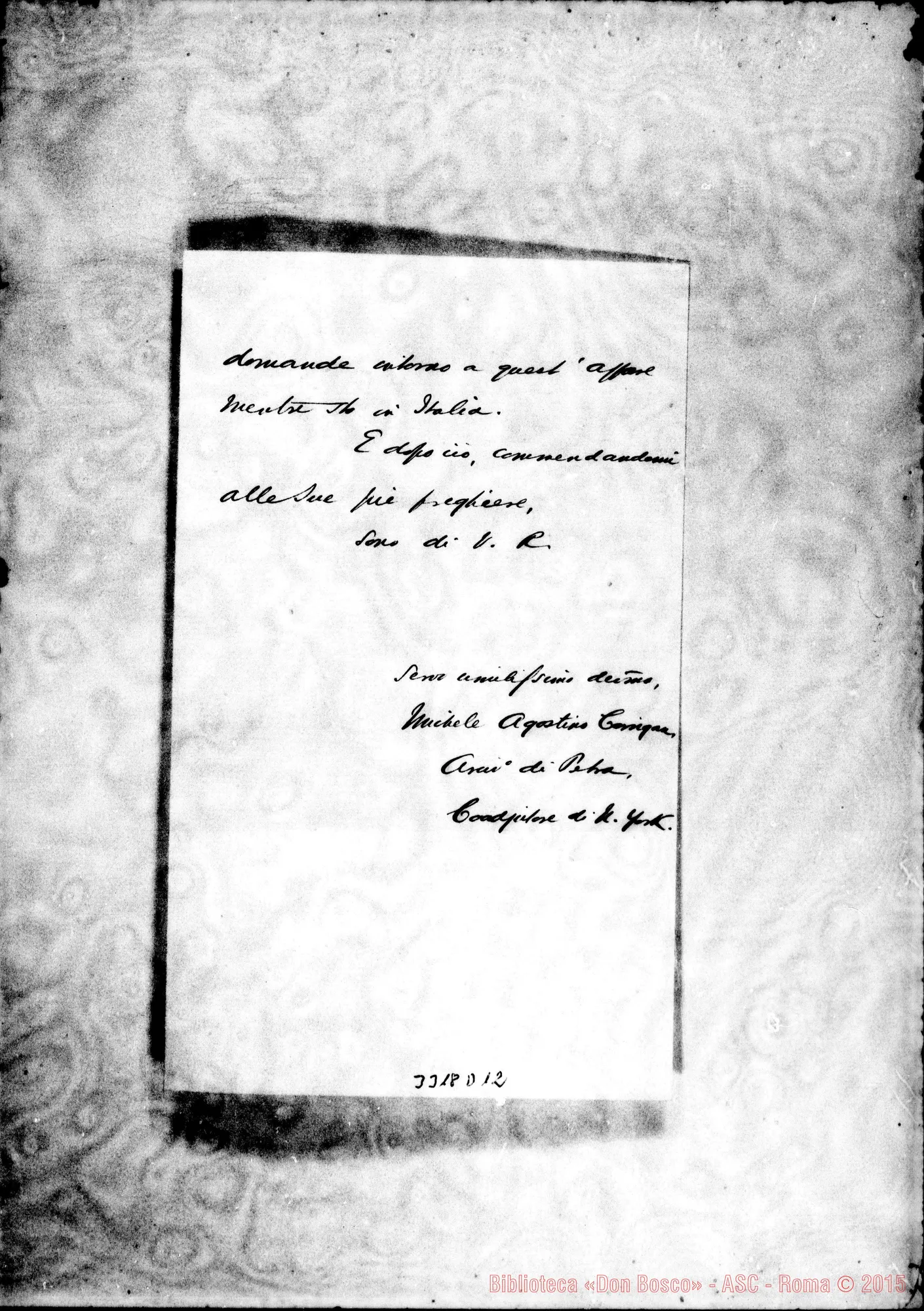 Fotogramma D 12 — Michele A. Corrigan, arciv.-Rev.mo Sig. Roma, 15-12-1883