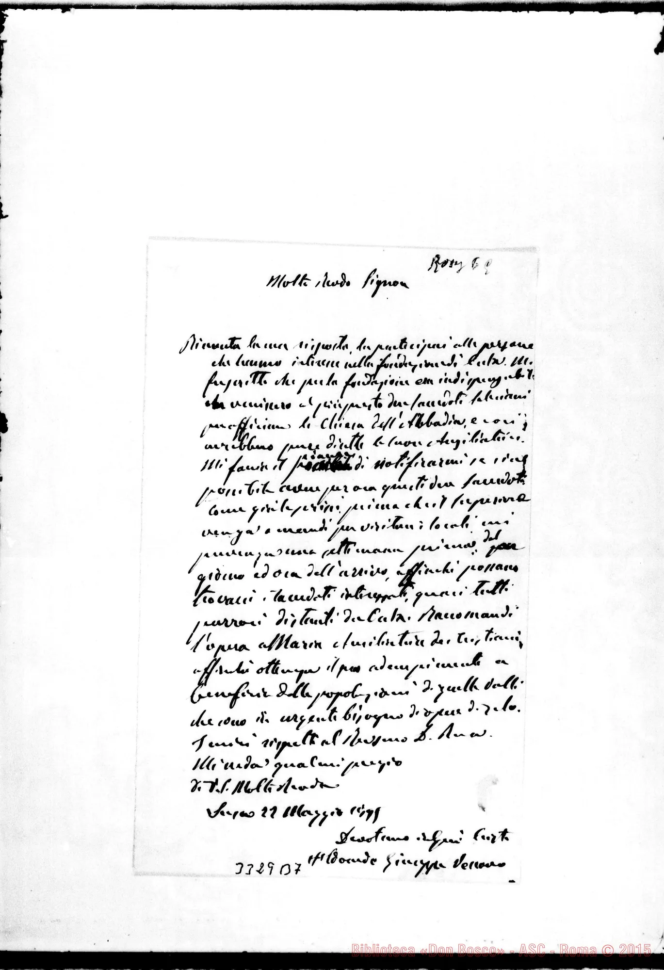 Fotogramma B 7 — Edoardo G. Rosaz, vesc.-Rev.do Sig. Susa, 22-05-1895. Con minuta di risposta