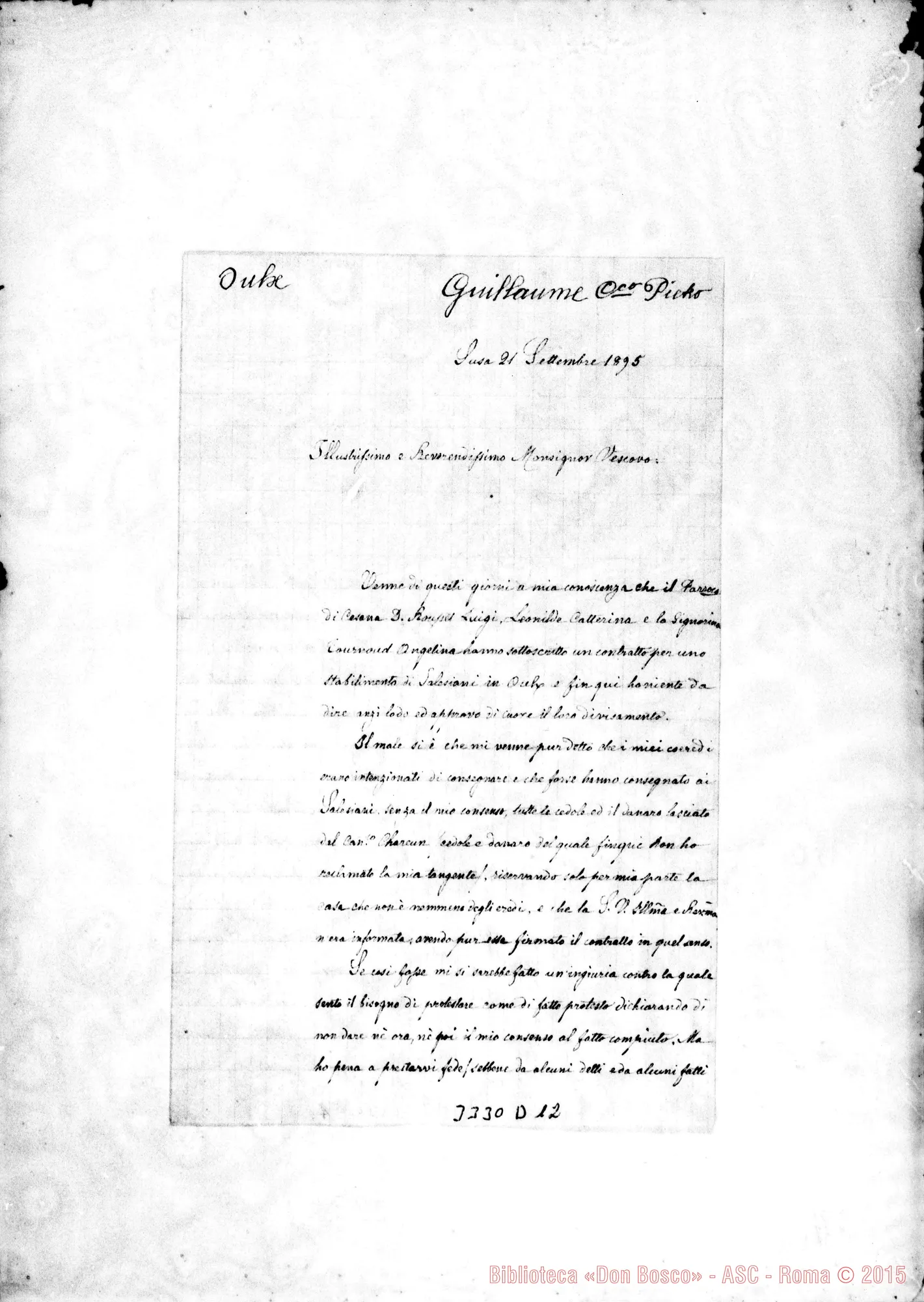 Fotogramma D 12 — Can. Pietro Guillaume-Rev.mo Vescovo. Susa, 21-09-1895