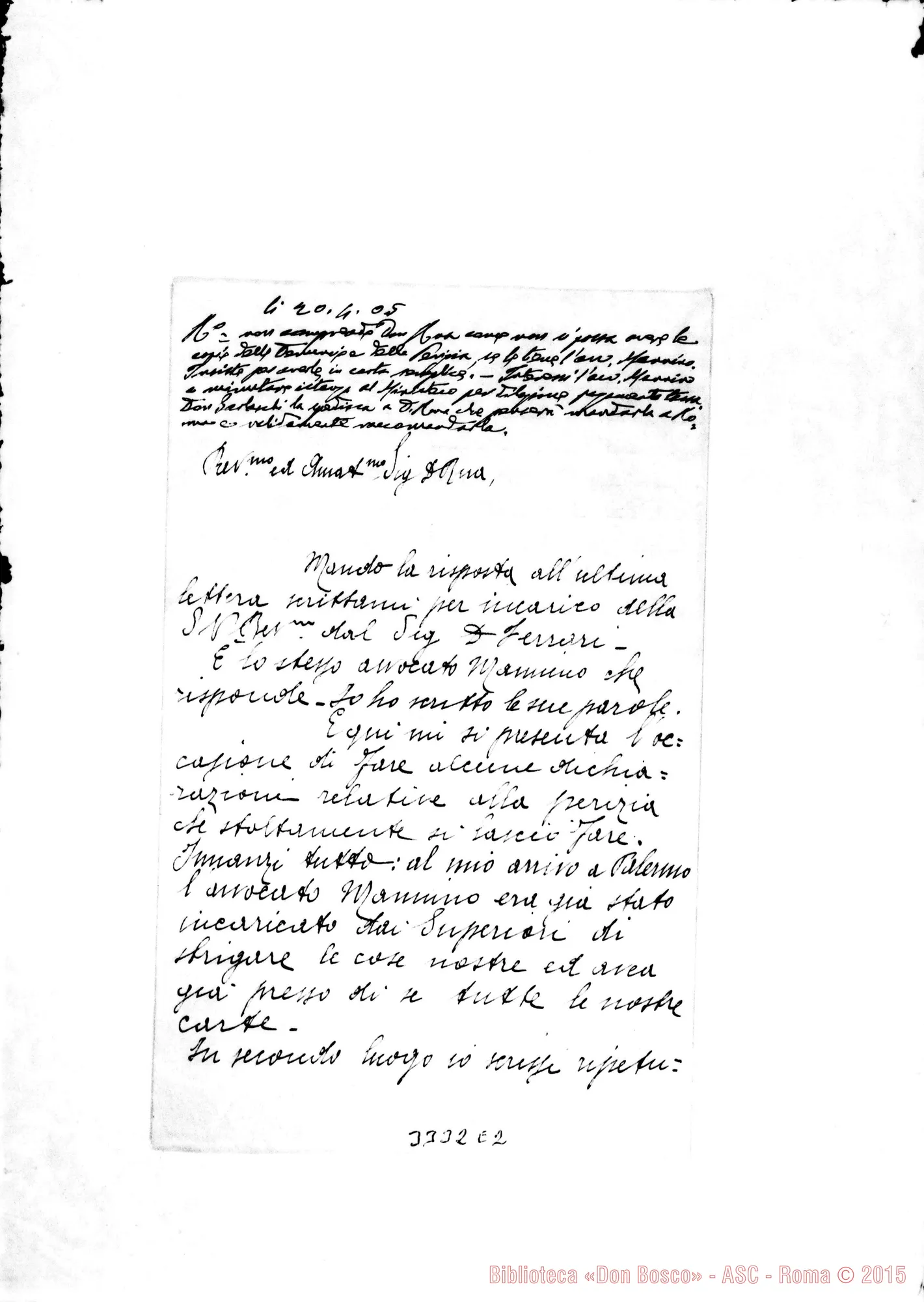 Fotogramma E 2 — Don Garlaschi-Don Rua. Palermo, 15-04-1905. Segue risposta di D. Ferrari