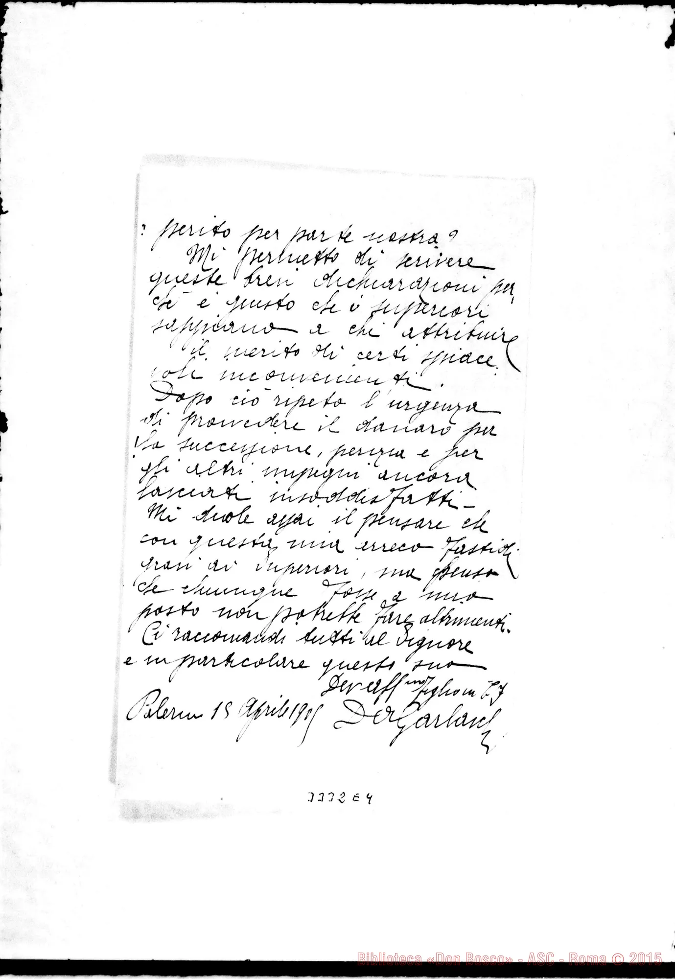Fotogramma E 4 — Don Garlaschi-Don Rua. Palermo, 15-04-1905. Segue risposta di D. Ferrari