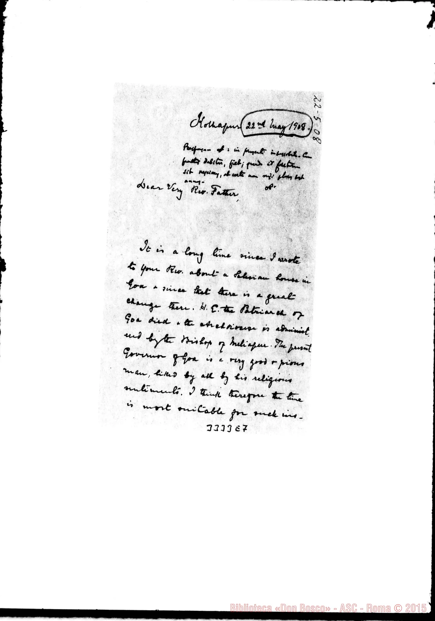 Fotogramma E 7 — Panjim (India): proposta di fondazione non accettata, ma locata qui nell’Archivio A.S. Sobi, R.C. Chaplain-Révérend Pére. Con traduzione E autogr. Rua.
