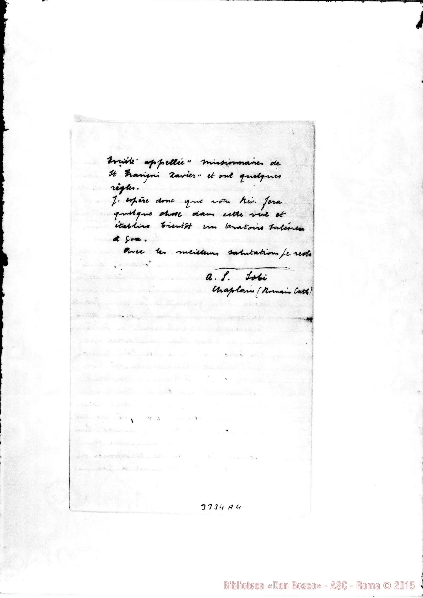 Fotogramma A 4 — Panjim (India): proposta di fondazione non accettata, ma locata qui nell’Archivio A.S. Sobi, R.C. Chaplain-Révérend Pére. Con traduzione E autogr. Rua.