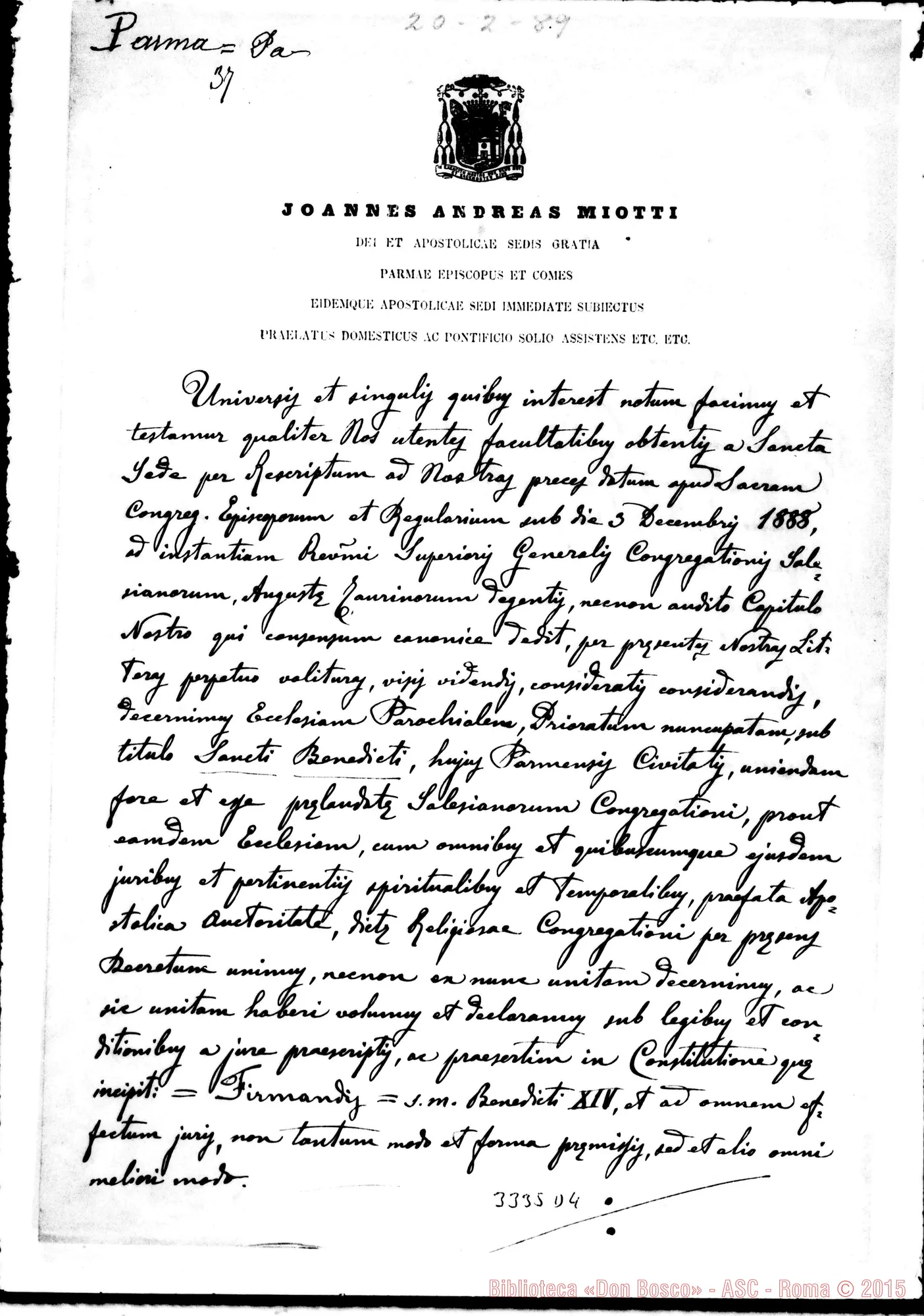 Fotogramma D 4 — Giovanni Andrea Miotti: cessione della parrocchia di S. Benedetto. Due copie. Firma autogr. Rua
