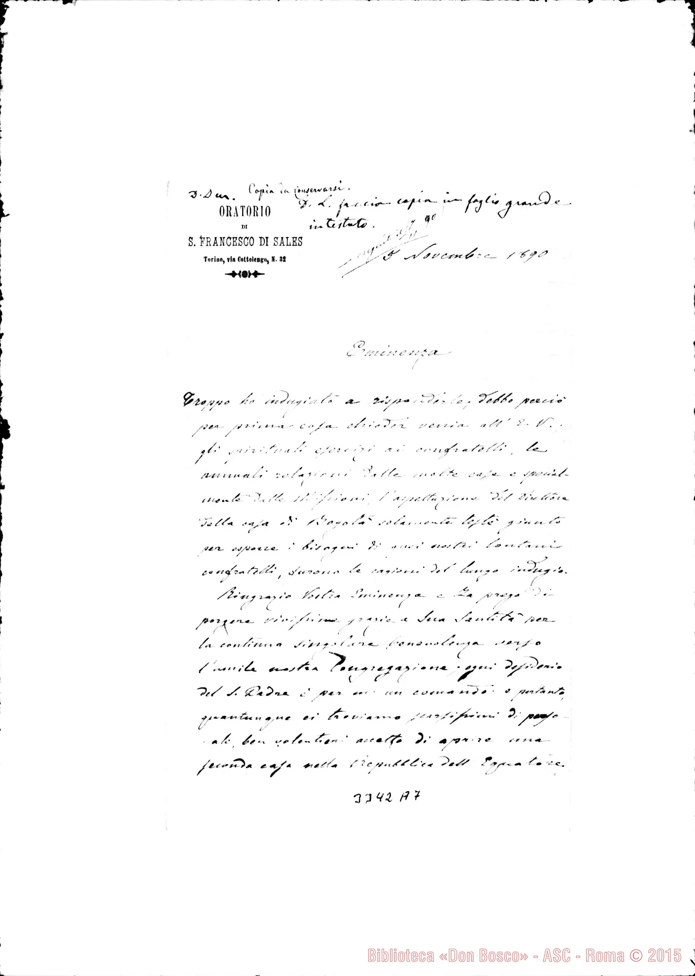 Fotogramma A 7 — Don Rua-Card. Rampolla. Minuta con correzioni E aggiunte autogr. Rua, il 5-11-1890.