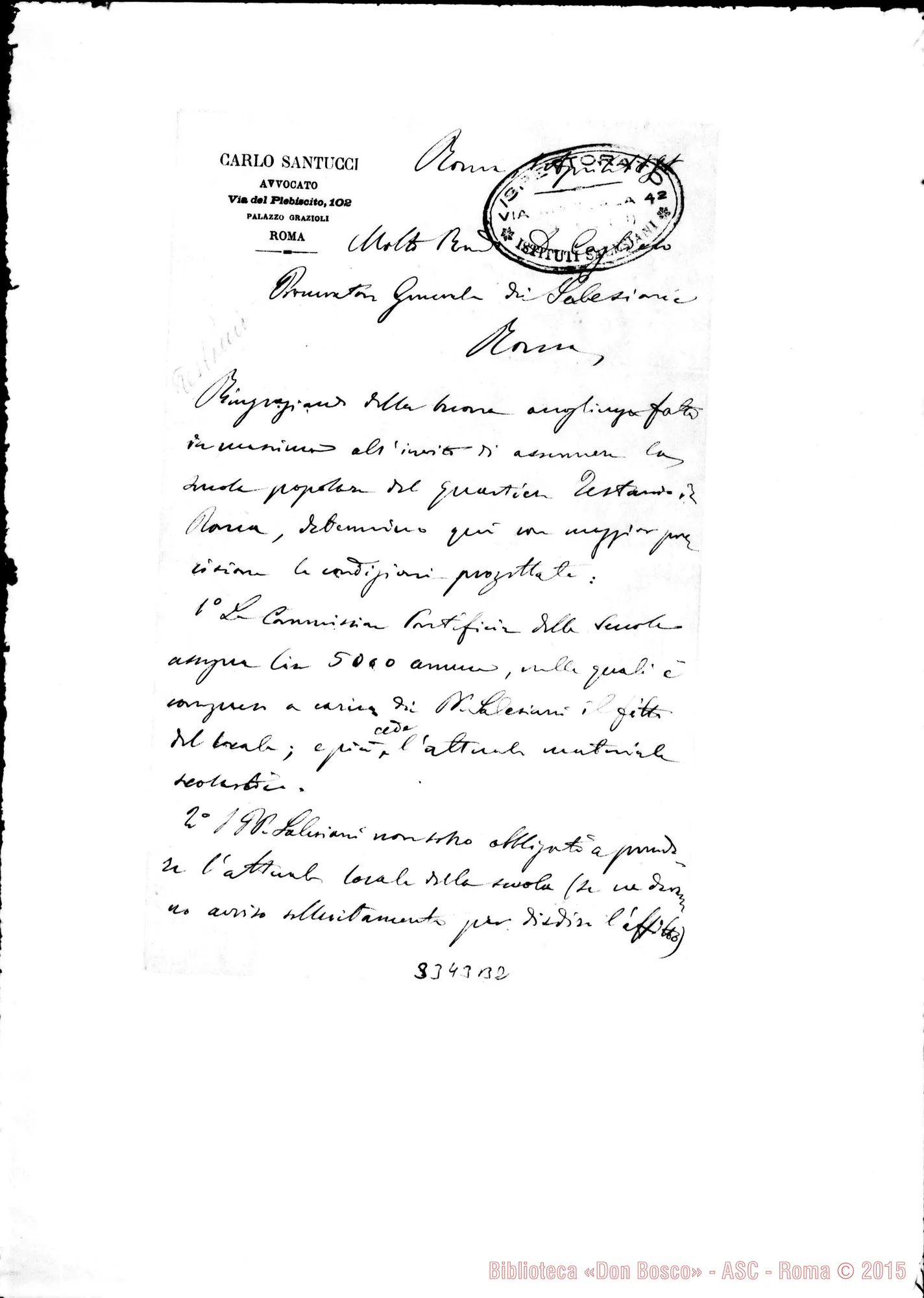 Fotogramma B 2 — Trascrizione della lettera dell’Avv. Santucci-Don Rua, con acclusa lettera di Cagliero-Durando E la lettera originale del Santucci.