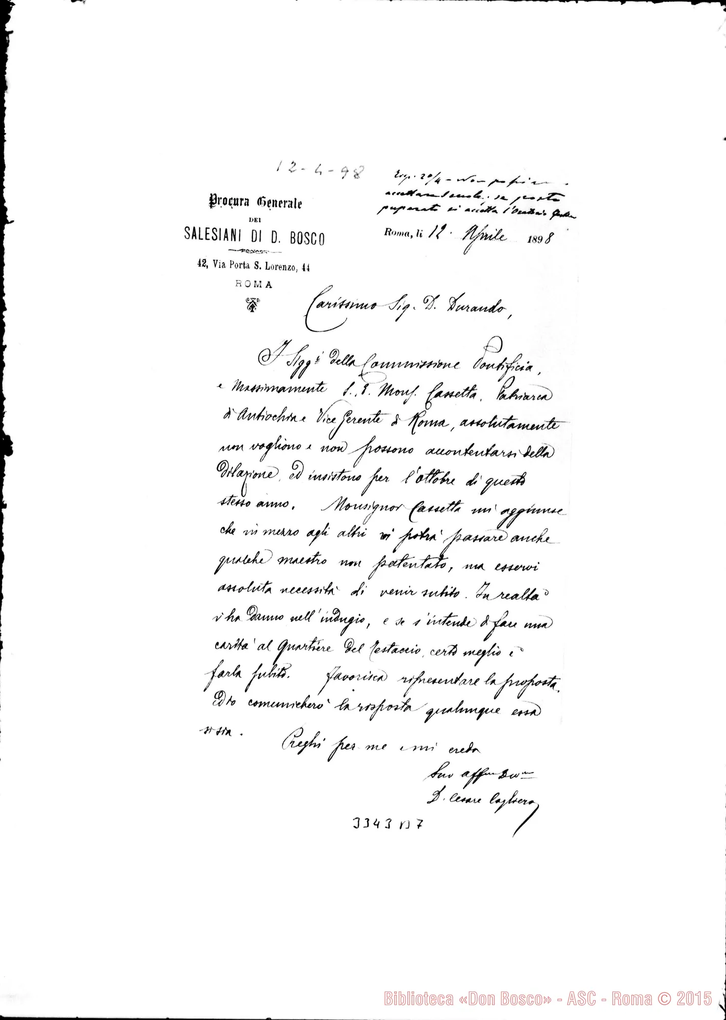 Fotogramma B 7 — Don Cesare Cagliero-Don Durando. Roma, 12-04-1898