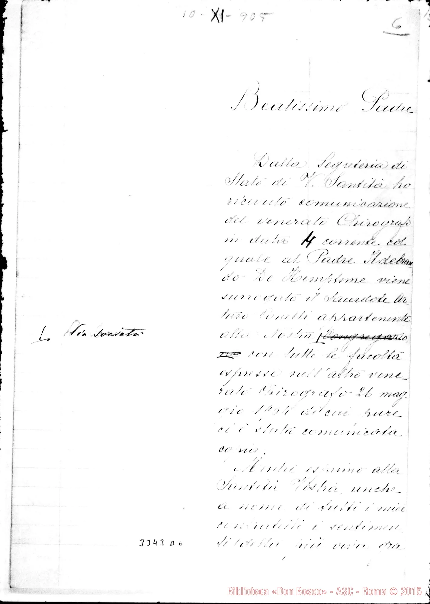 Fotogramma D 6 — Don Rua-Beatissimo Padre. Minuta di lettera. Torino, 10-11-1905