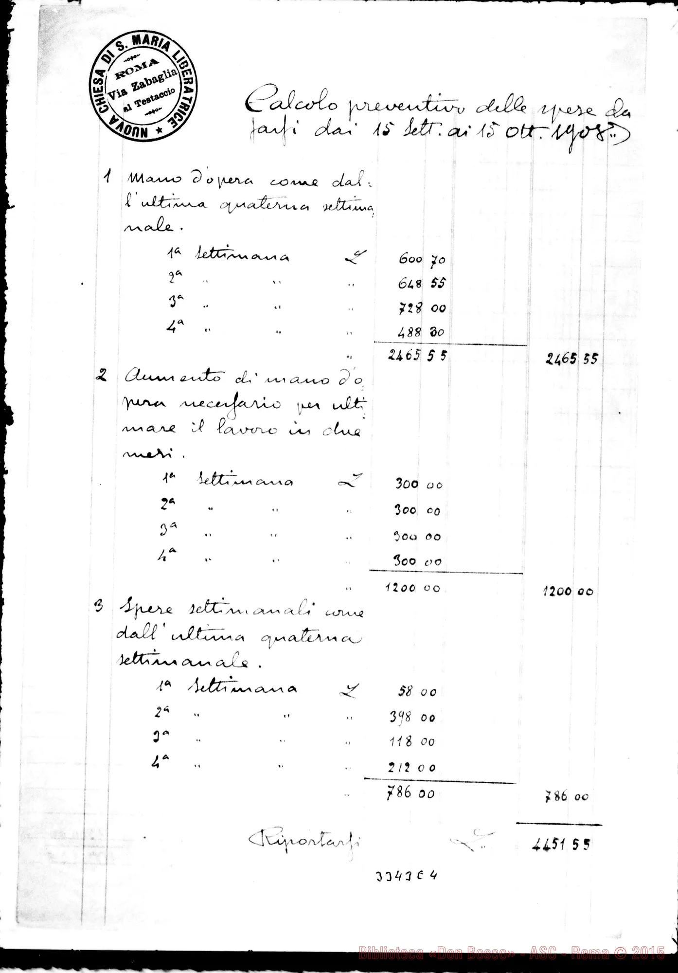 Fotogramma E 4 — Arch. Mario Ceradini-Don Rinaldi. Aut. Rinaldi All. preventivo di spesa