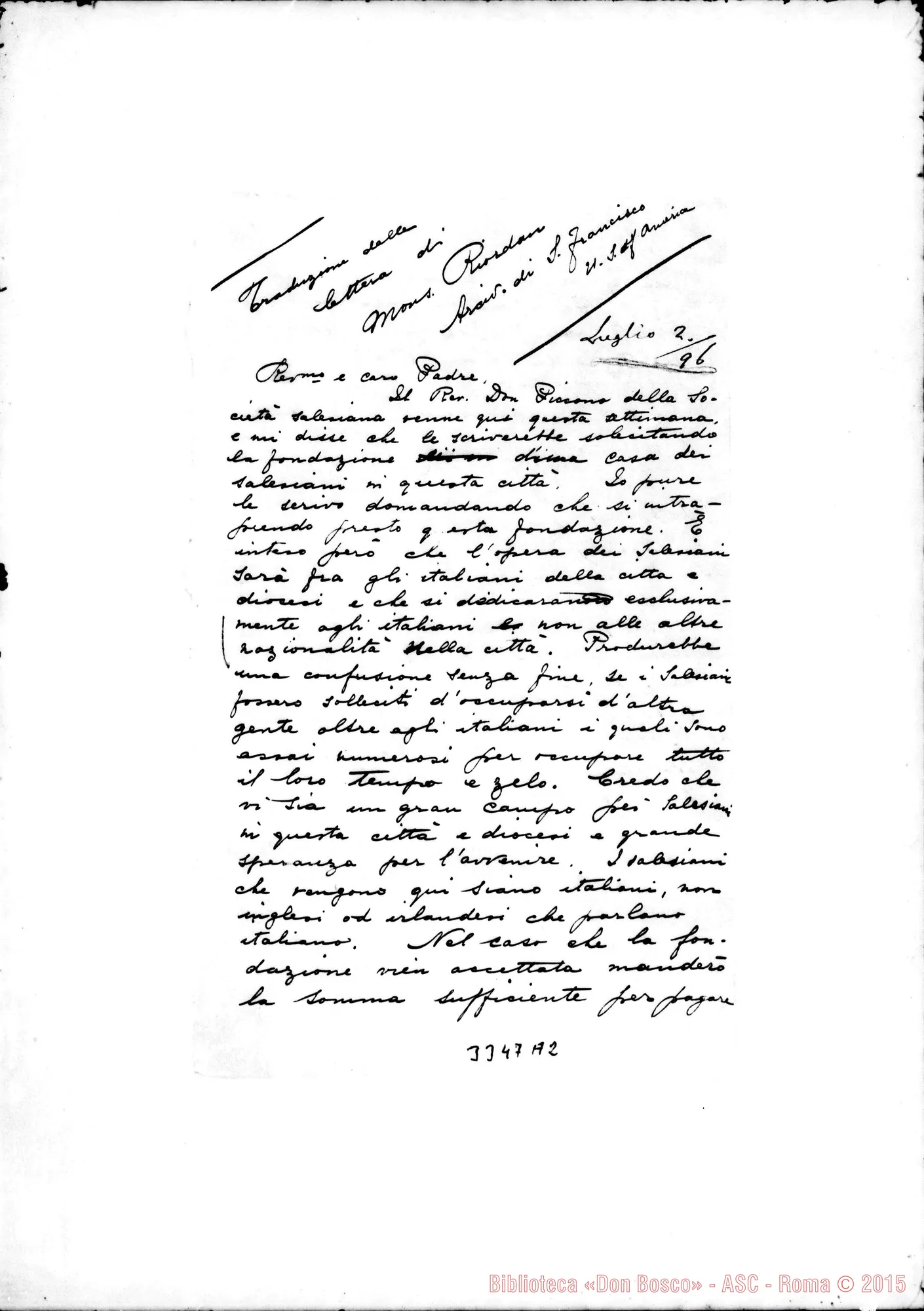 Fotogramma A 2 — Traduzione di alcune lettere E minuta di risposta di Don Rua