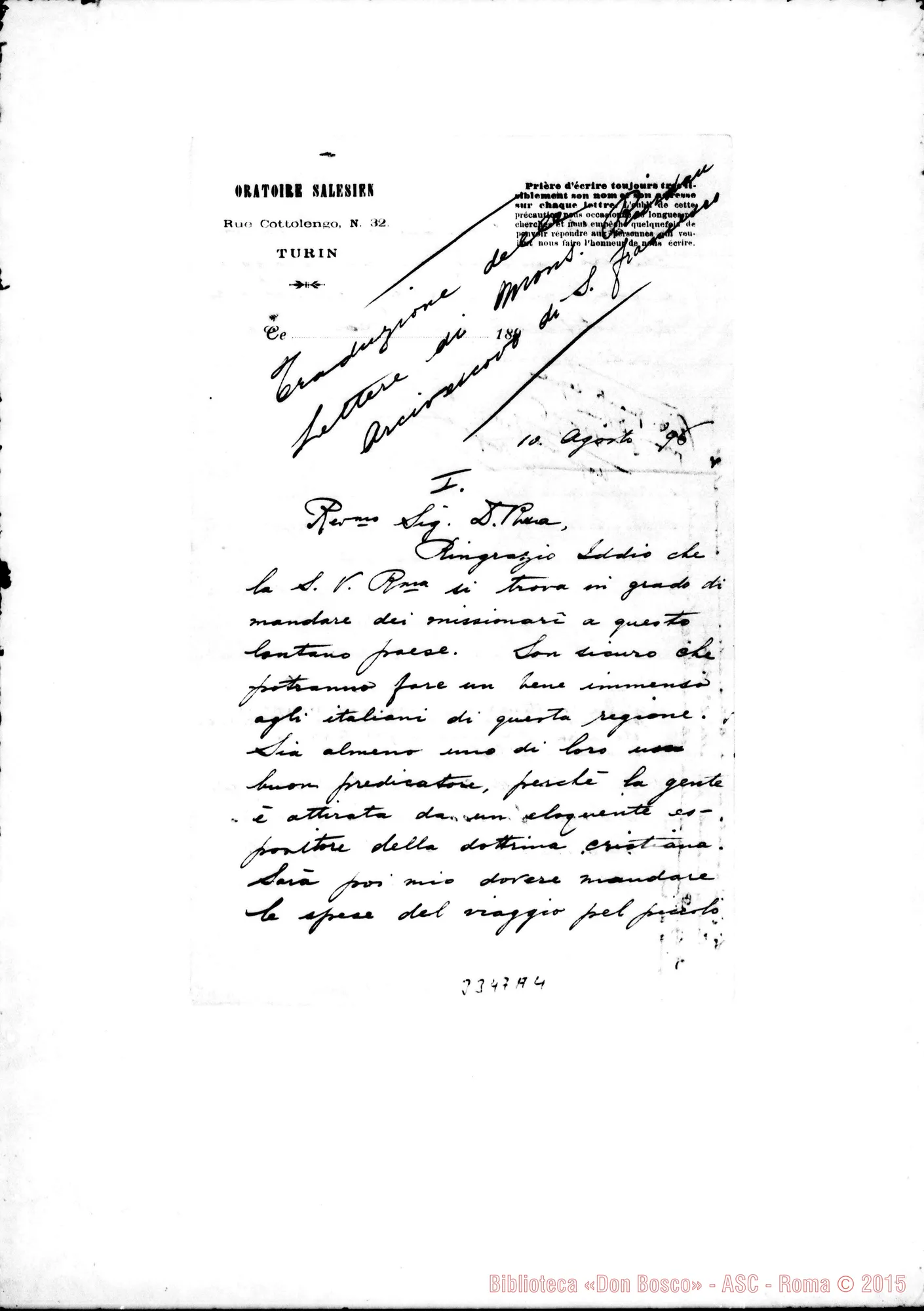 Fotogramma A 4 — Traduzione di alcune lettere E minuta di risposta di Don Rua
