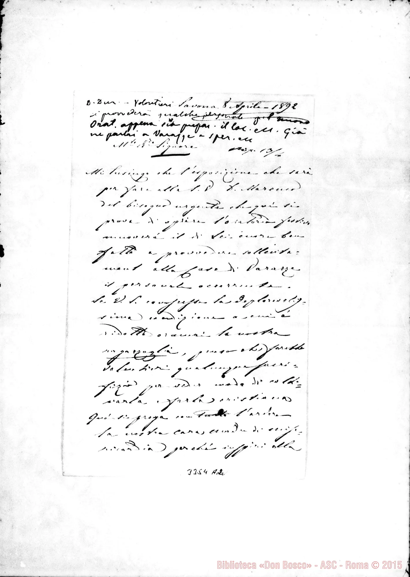 Fotogramma A 2 — Can. Leopoldo Ponzone-Rev.do Sig. Savona, 8-04-1892 Autogr. Rua