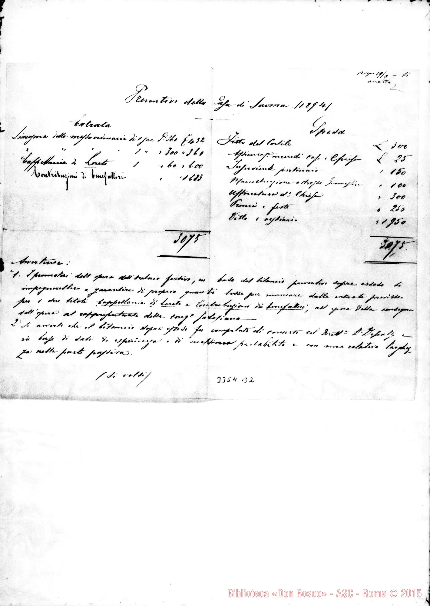 Fotogramma B 2 — Preventivo della Casa di Savona. Anno 1894