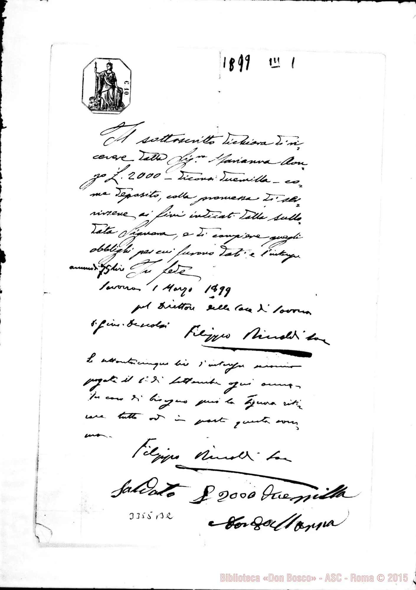 Fotogramma B 2 — Don Filippo Rinaldi: dichiarazione di ricevuta: Postilla autogr. Rinaldi