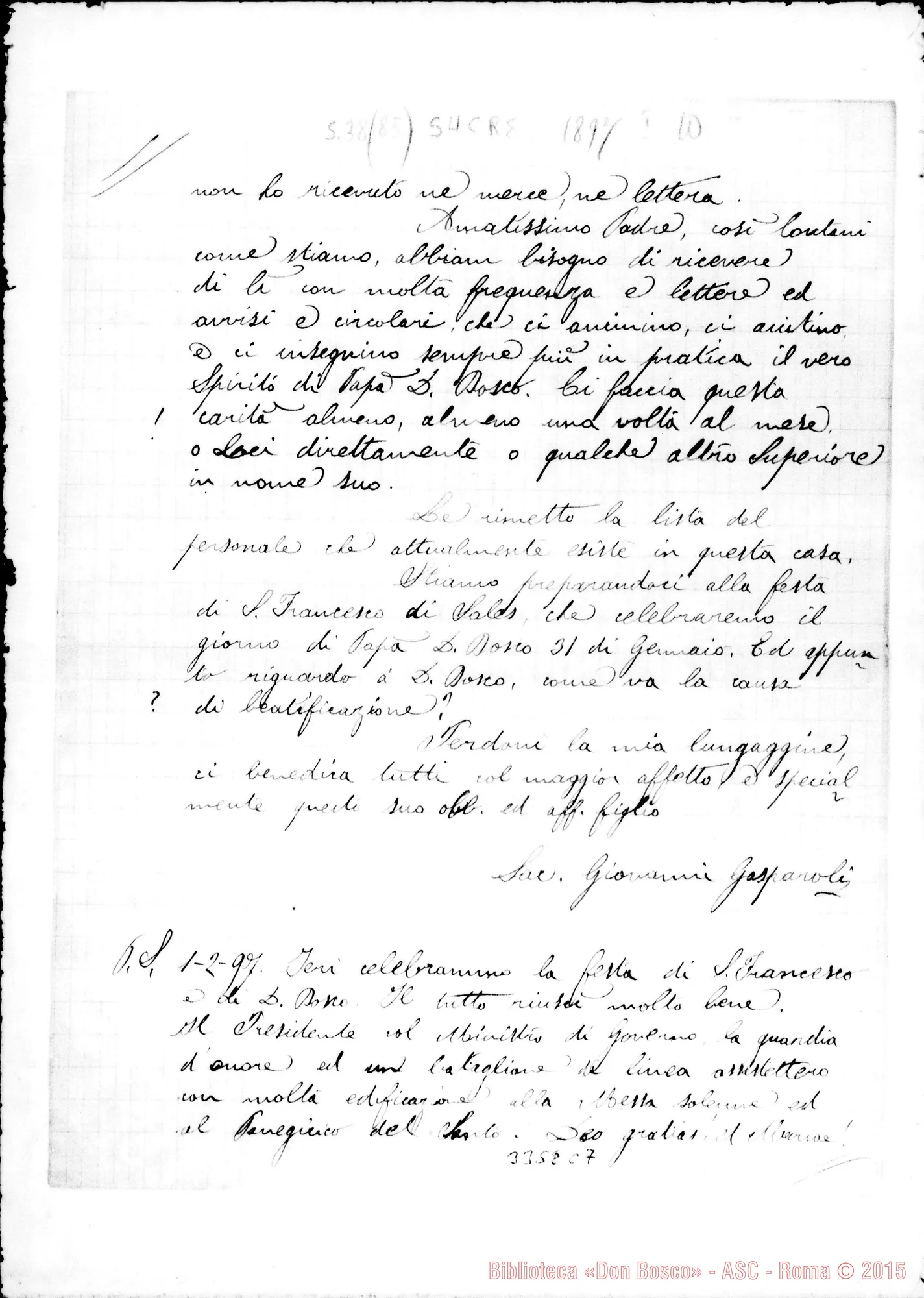 Fotogramma C 7 — Don Giovanni Gasparoli-Don Rua. Sucre, 10-01-1897 Autogr. Rua