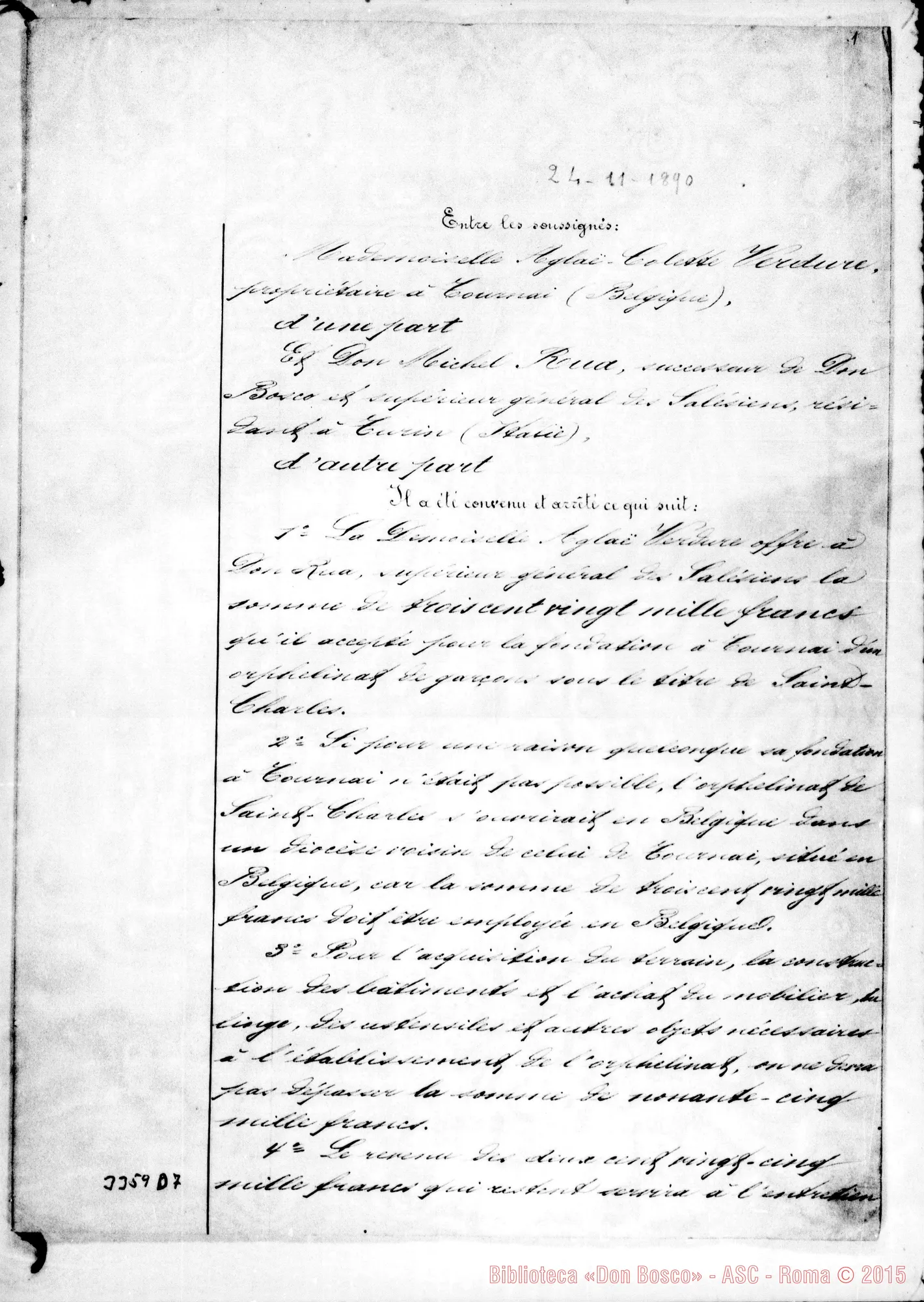 Fotogramma D 7 — M.lle Aglaé Colette Verdure: convenzione per un orfanotrofio. Tournai, 15-04-1889. All. copie E traduzione.