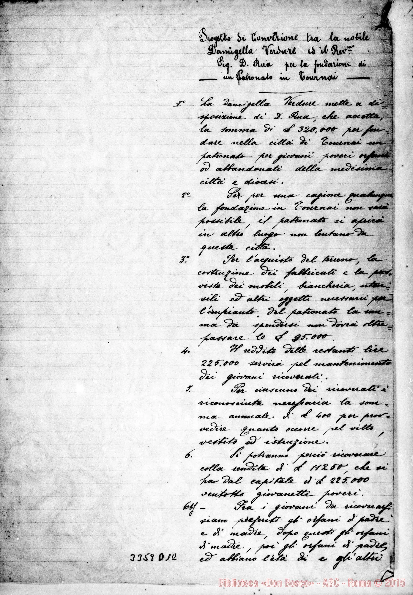 Fotogramma D 12 — M.lle Aglaé Colette Verdure: convenzione per un orfanotrofio. Tournai, 15-04-1889. All. copie E traduzione.