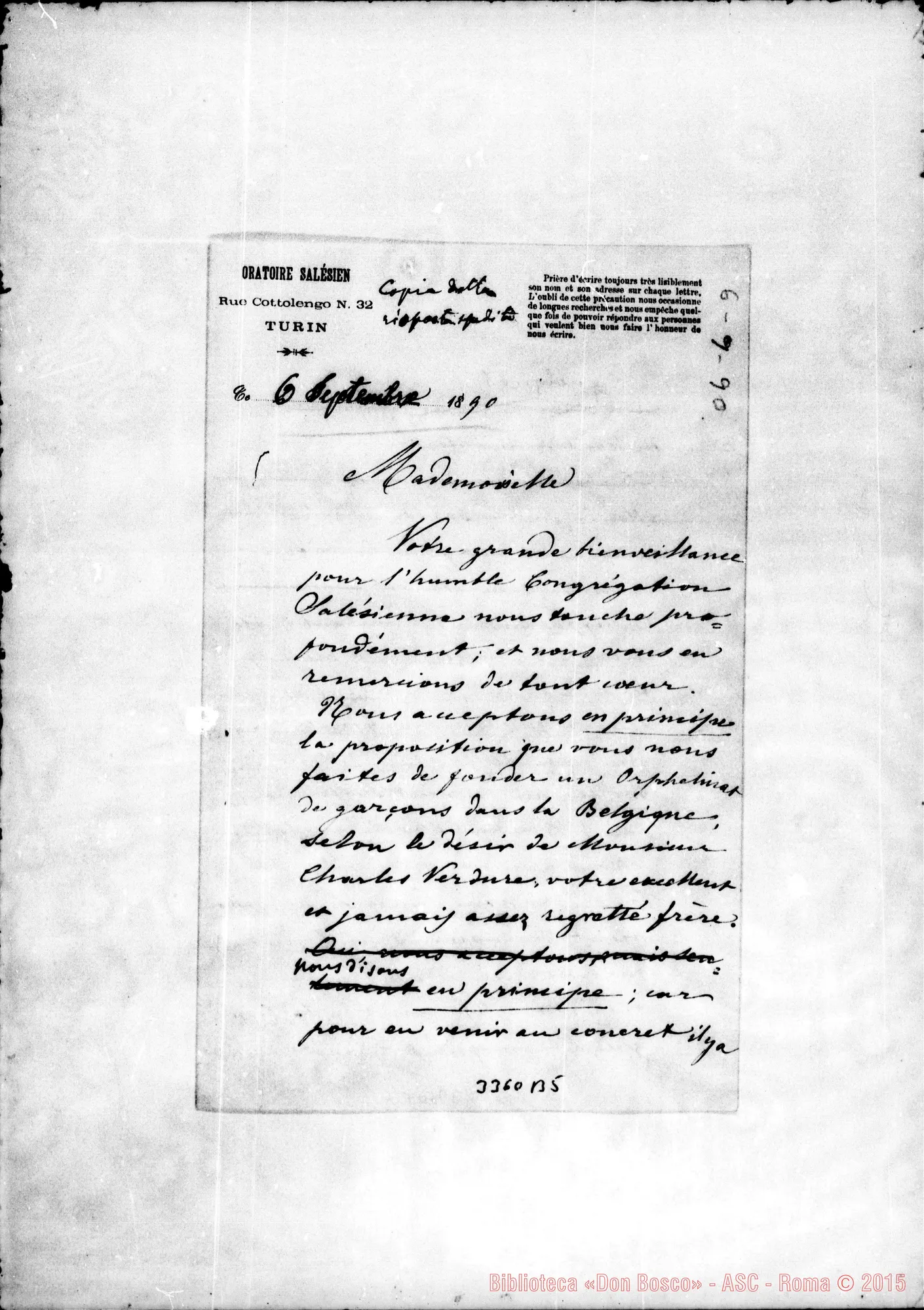 Fotogramma B 5 — Da Torino, lettera A M.lle Verdure, il 6-09-1890 Autogr. Rua