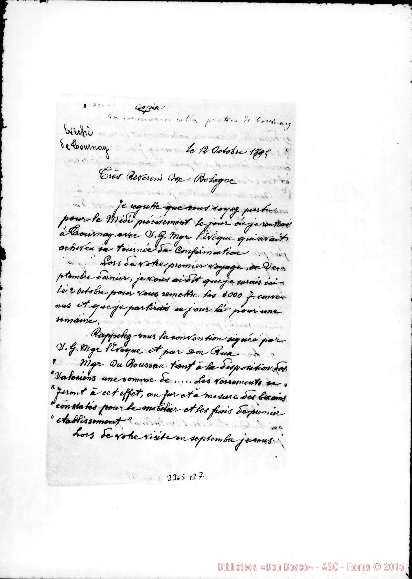 Fotogramma B 7 — Can. Alf. Pivet-Don Bologna. Tournai, 12-10-1895. Copia. Autogr. Rua