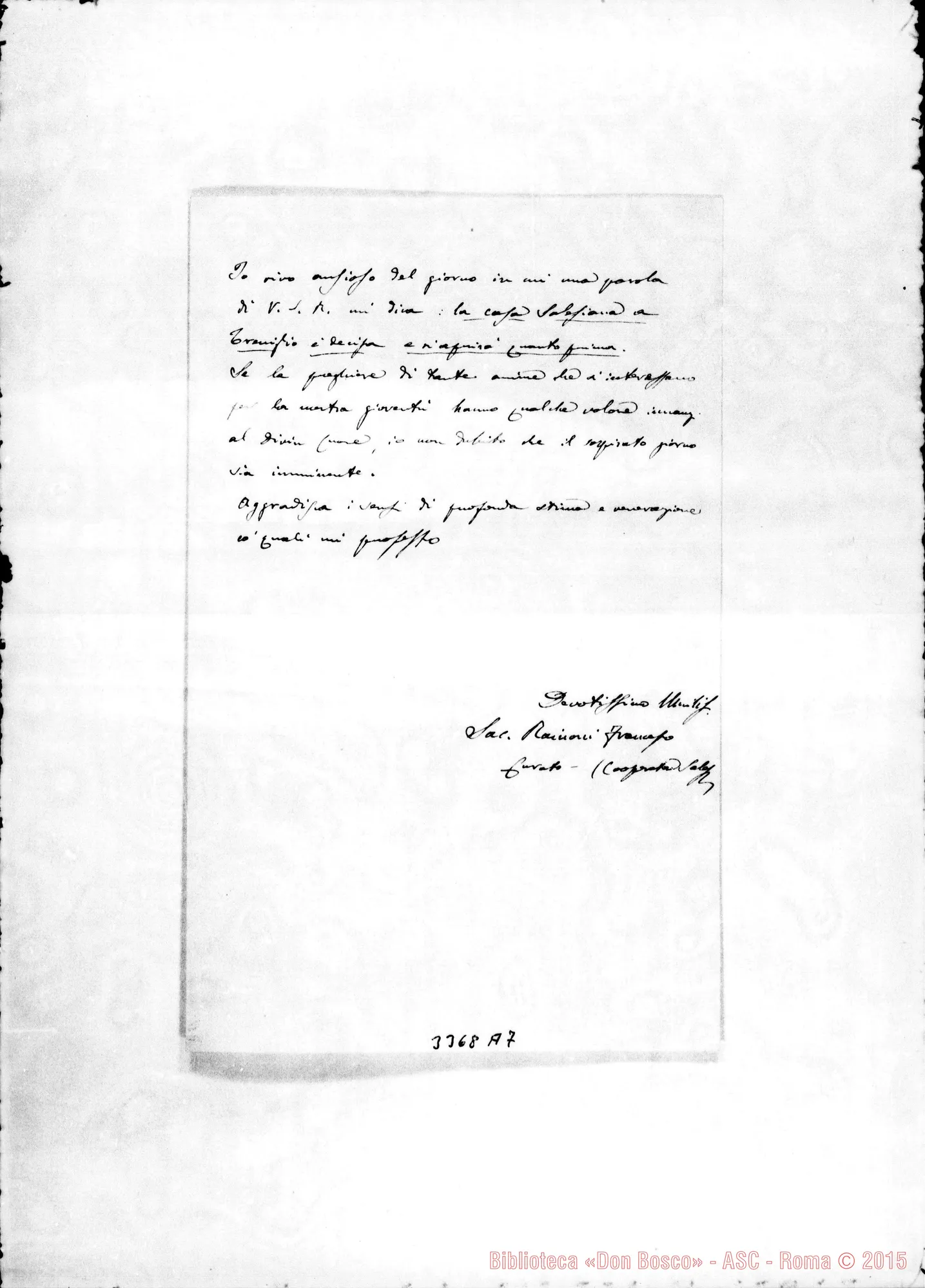 Fotogramma A 7 — Don Rainoni-Rev.do Sig. Treviglio, 25-06-1891 Autogr. Rua