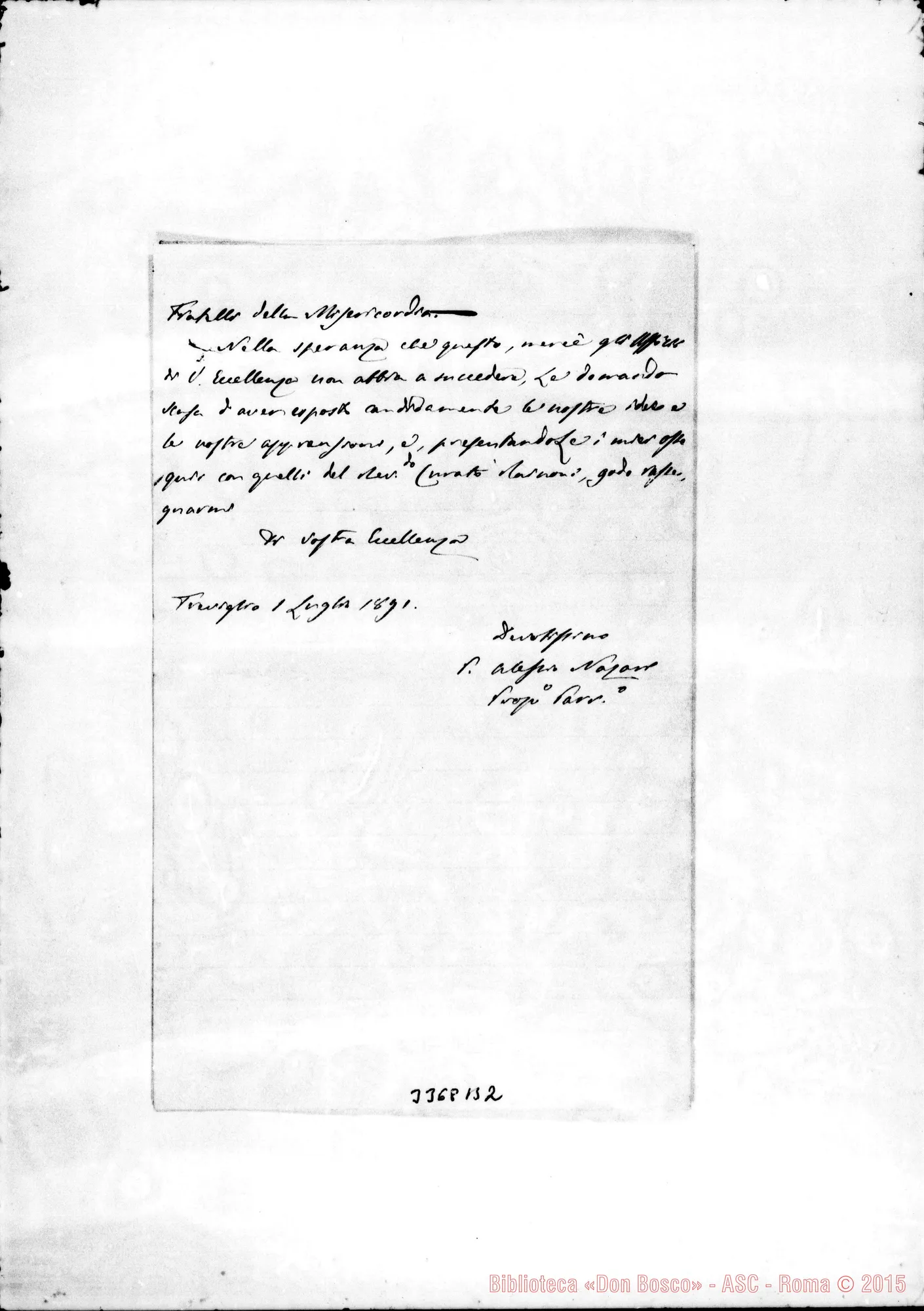 Fotogramma B 2 — Don Alessio Nazare, parr.-Eccellenza. Treviglio, 1-07-1891 Autogr. Rua