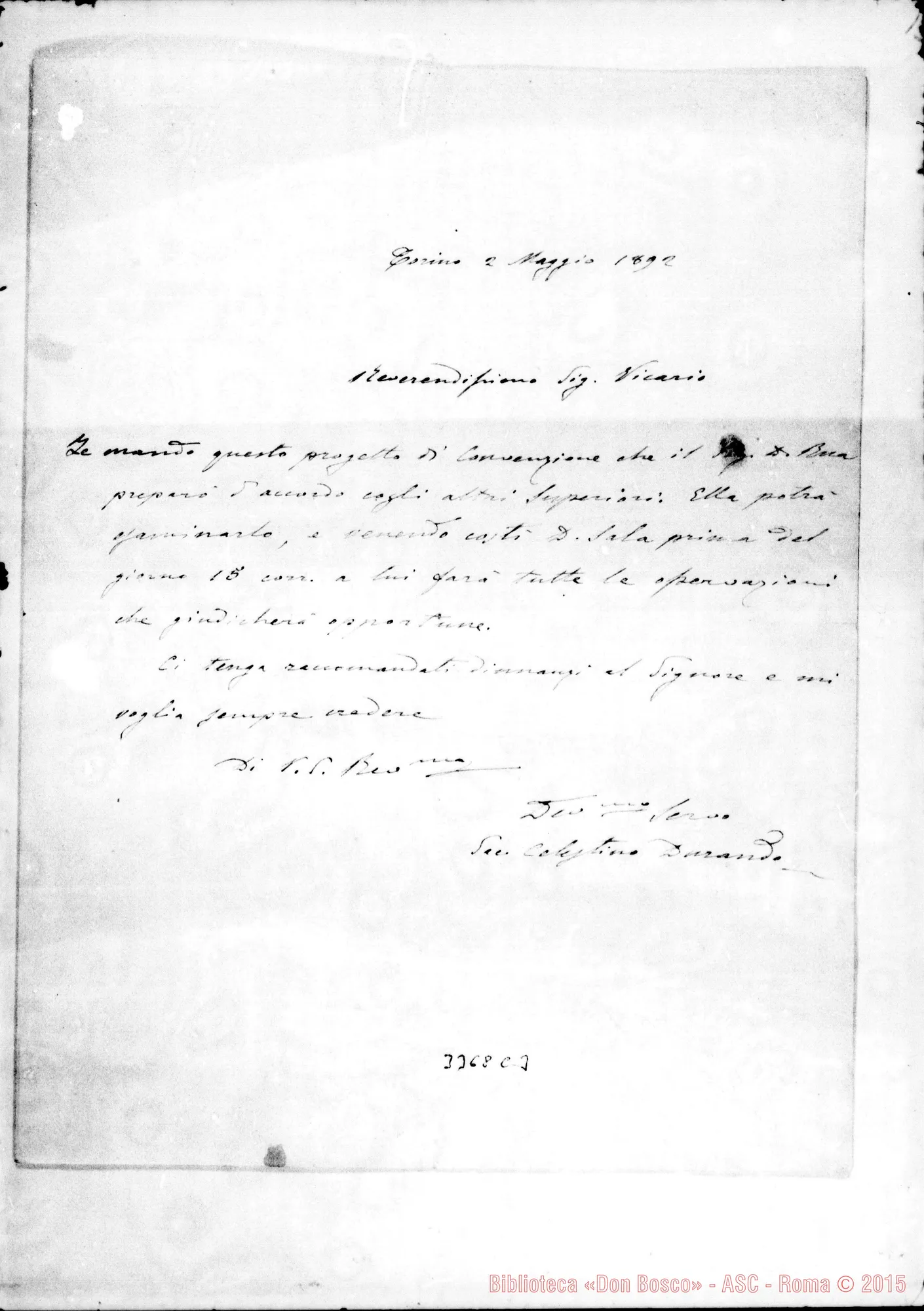 Fotogramma C 3 — Don Durando-Vicario. Torino, 2-05-1892. Accluso progetto di convenzione con autogr. Rua