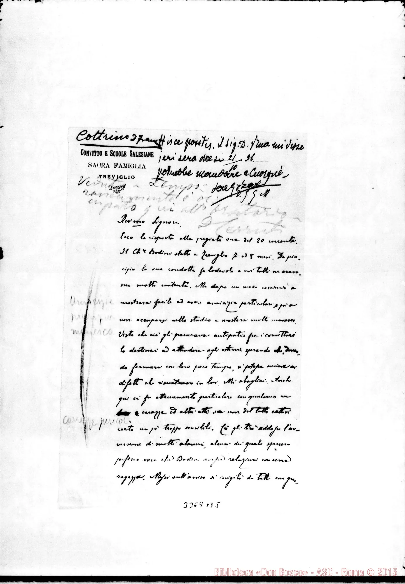 Fotogramma B 5 — Don Francesco Cottrino-Rev.mo Sig. Treviglio, 21-10-1896