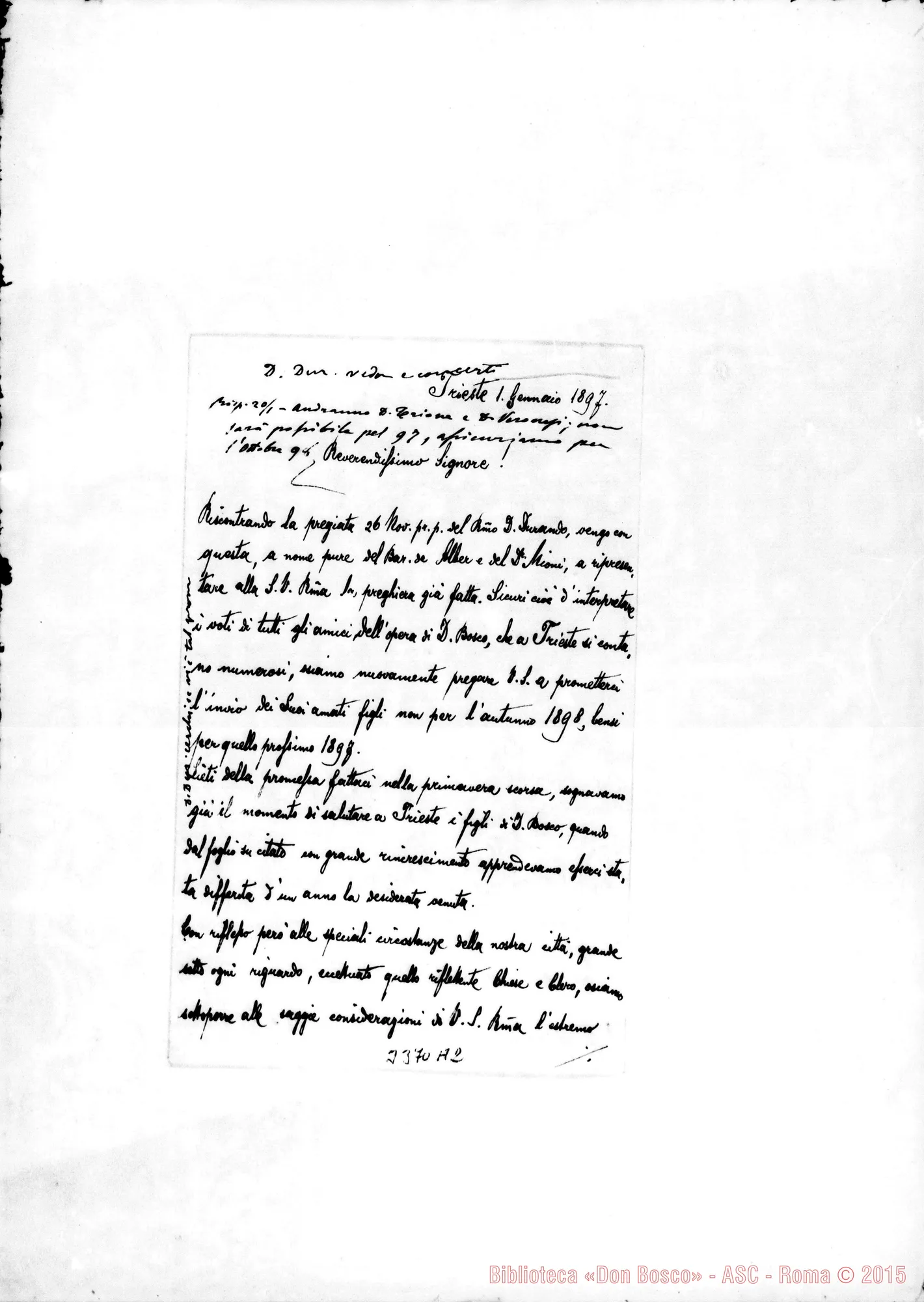 Fotogramma A 2 — Don Carlo Mecchia-Rev.mo Sig. Trieste, 1-01-1897 Autogr. Rua