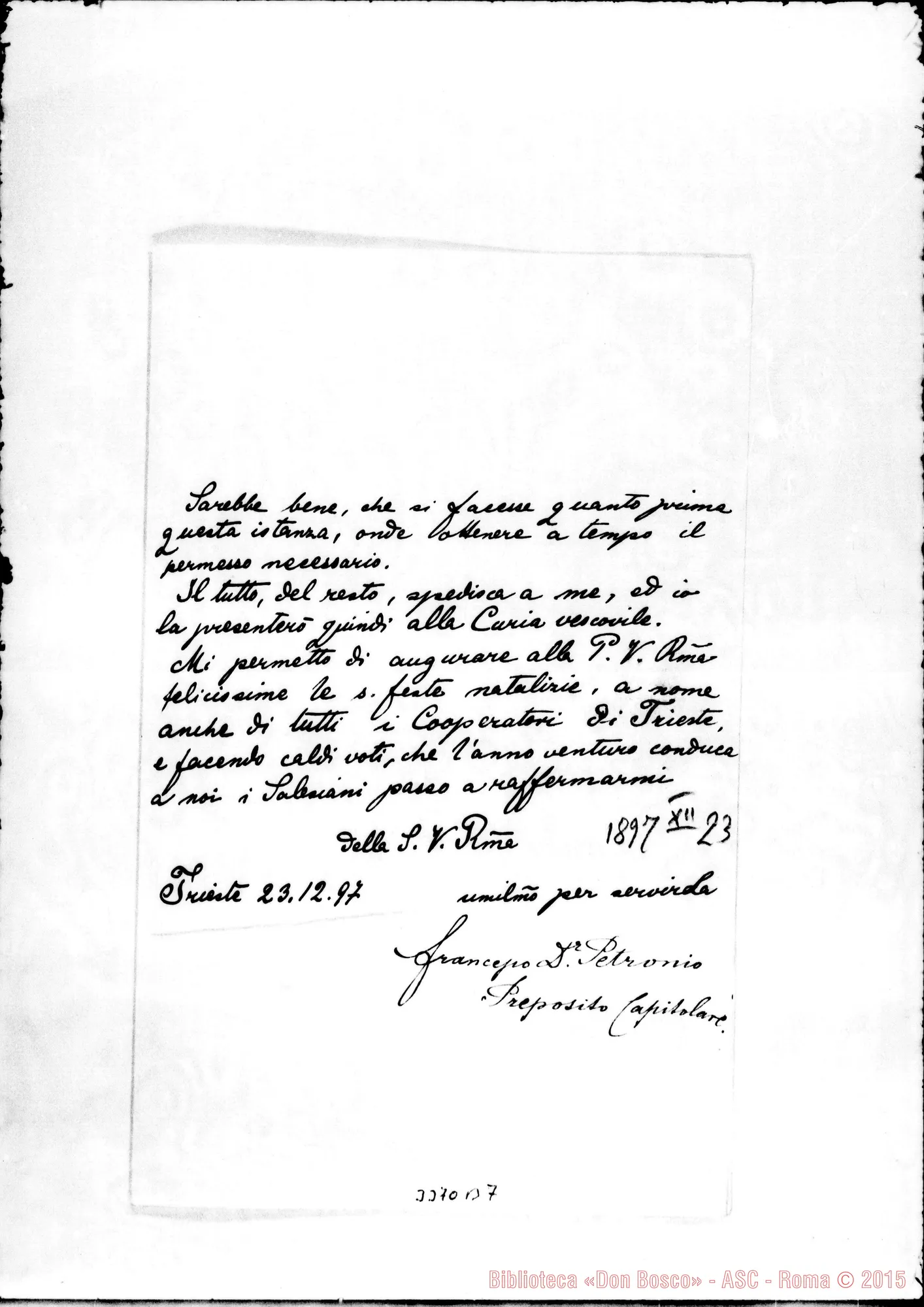 Fotogramma B 7 — Don Francesco Petronio-Rev.mo Sig. Trieste, 23-12-1897