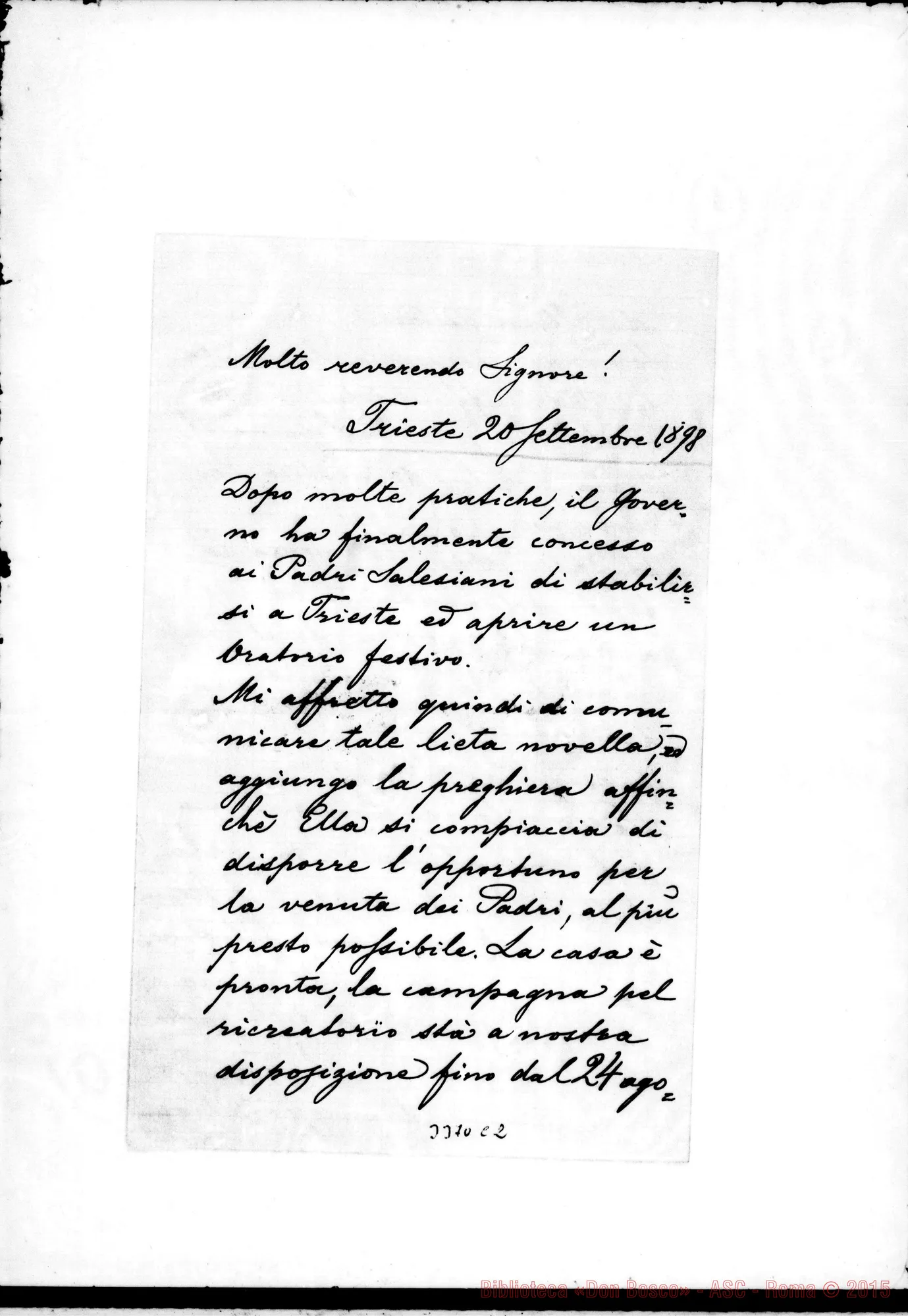 Fotogramma C 2 — Don Francesco Petronio-Rev.do Sig. Trieste, 20-09-1898