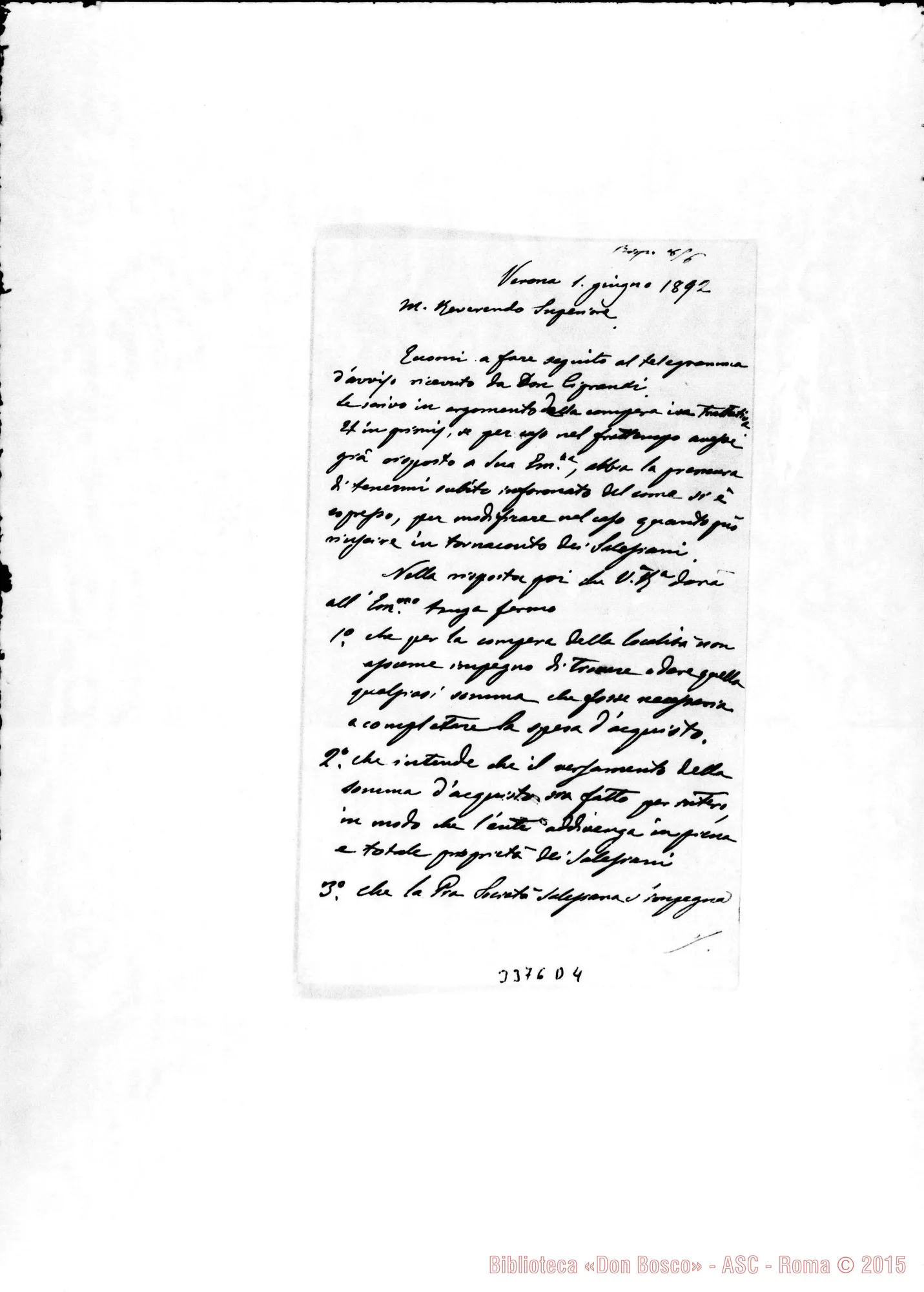 Fotogramma D 4 — Don Francesco Serenelli-Rev.do Superiore. Verona, 1-06-1892