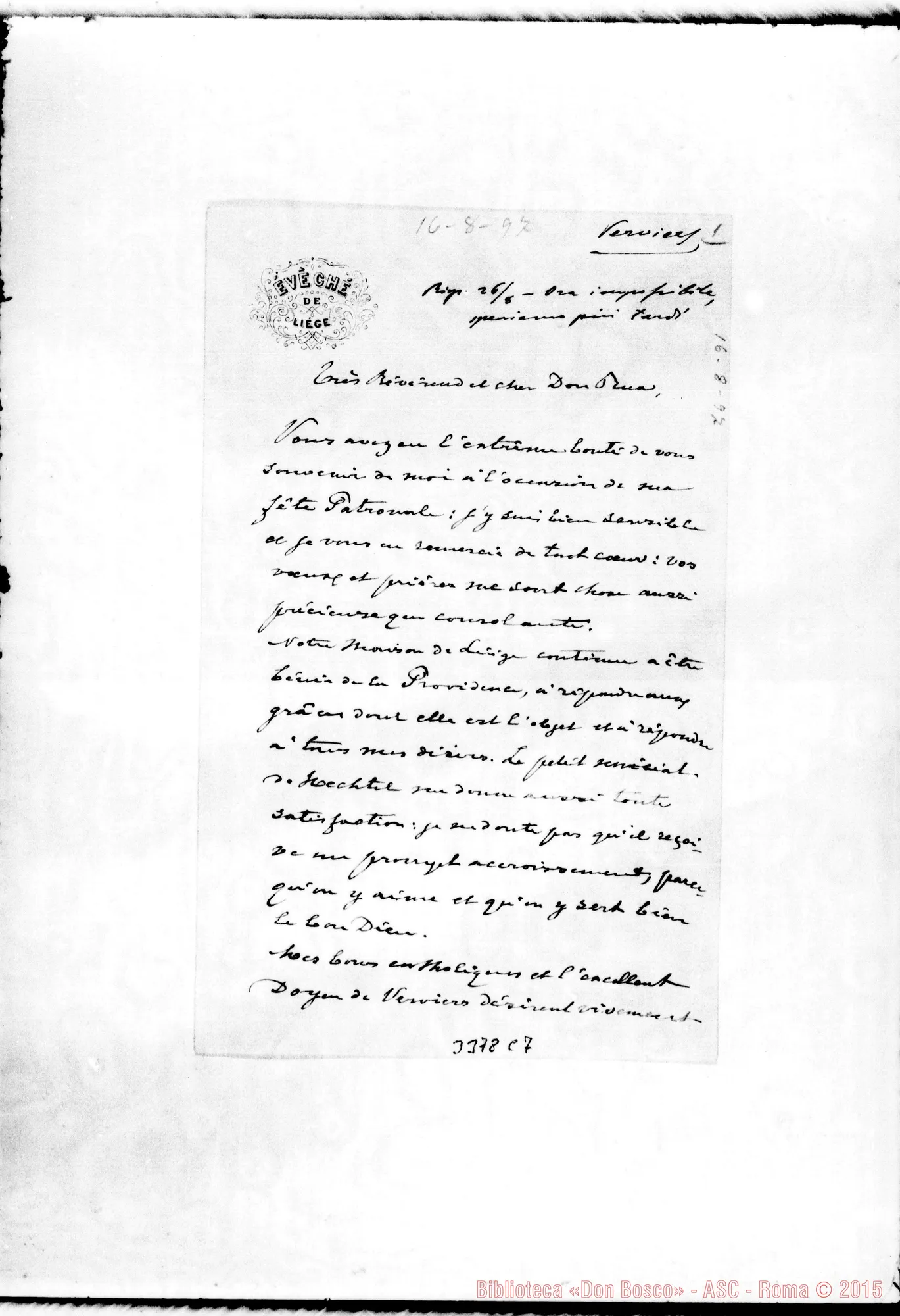 Fotogramma C 7 — Verviers: Vittore Gius. Doutreloux, vesc. di Liège-Don Rua. Liège, 16-08-1897