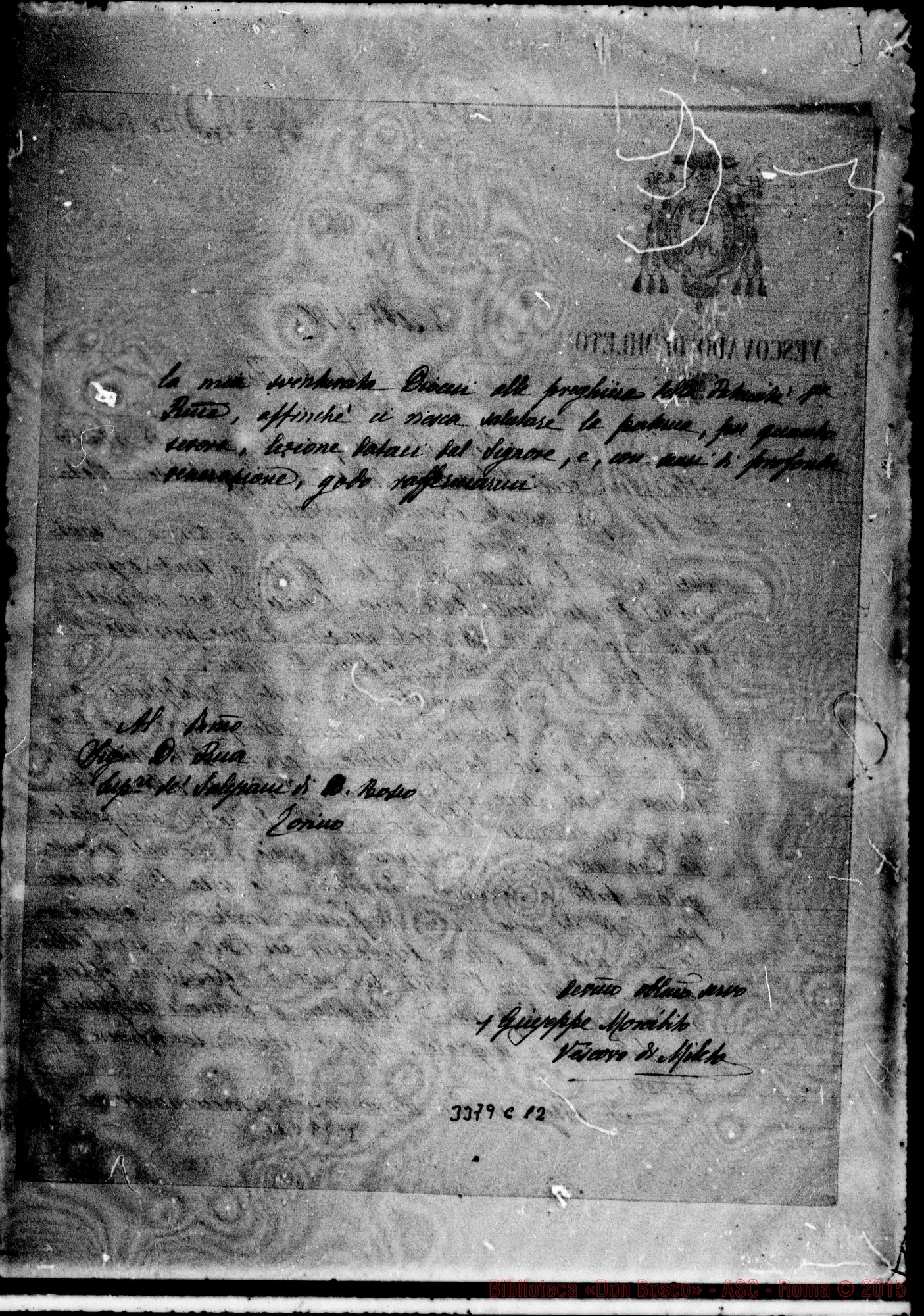 Fotogramma C 12 — Giuseppe Moràbito, vesc.-Don Rua. Mileto, 4-11-1905 Autogr. Rua
