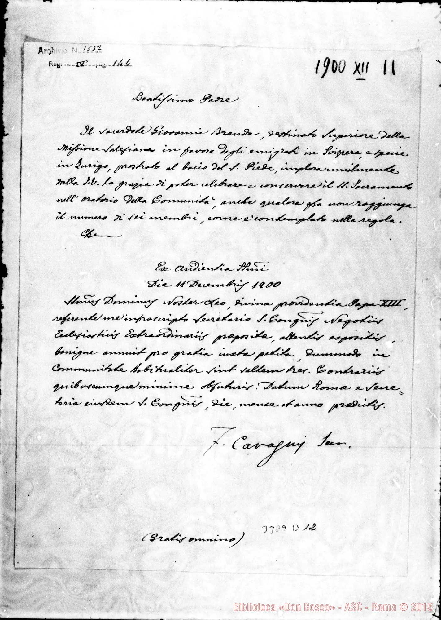 Fotogramma D 12 — Licenza per celebrare E conservare il SS. Sacramento.