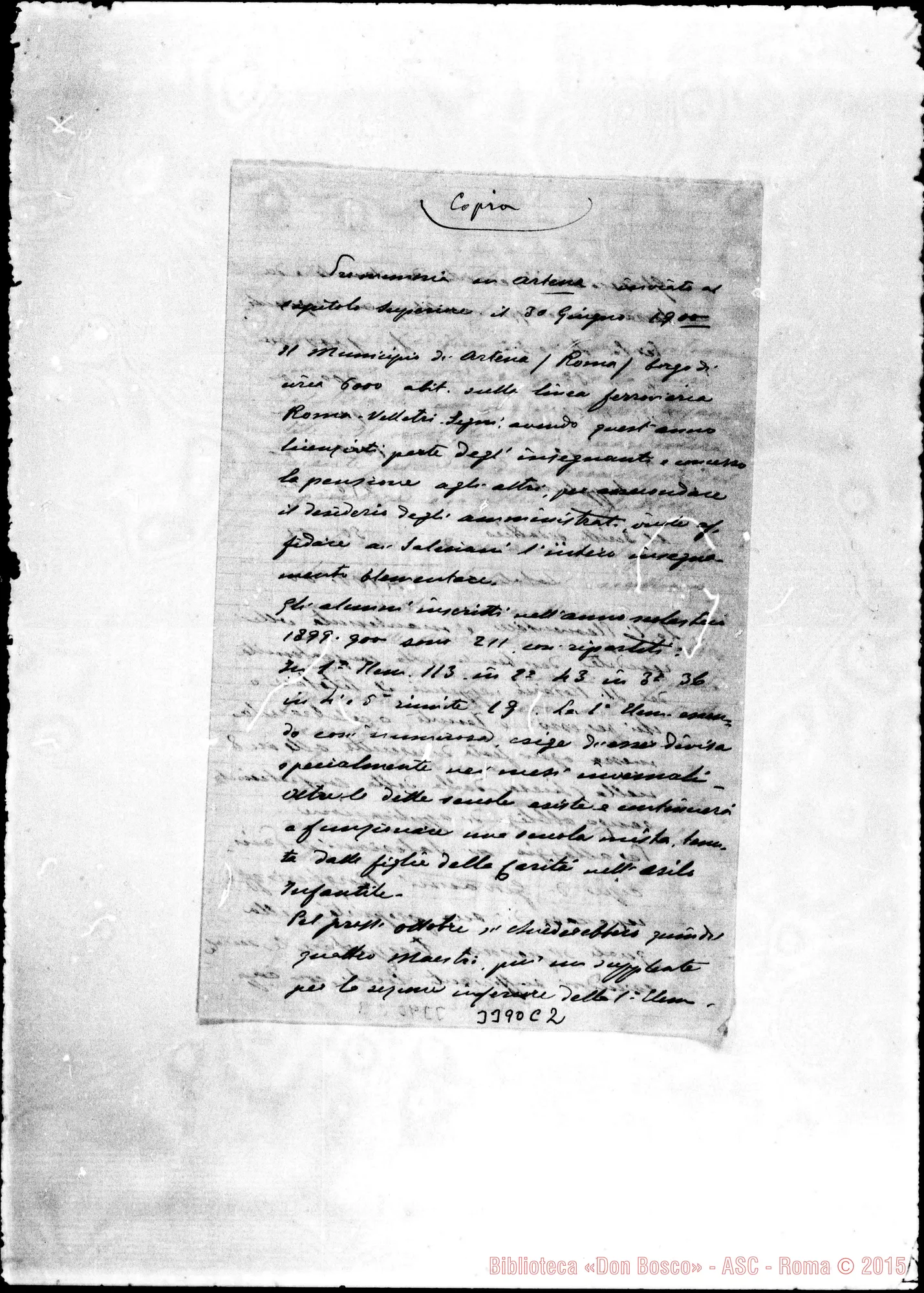 Fotogramma C 2 — Promemoria su Artena inviato al Capitolo Superiore. Copia
