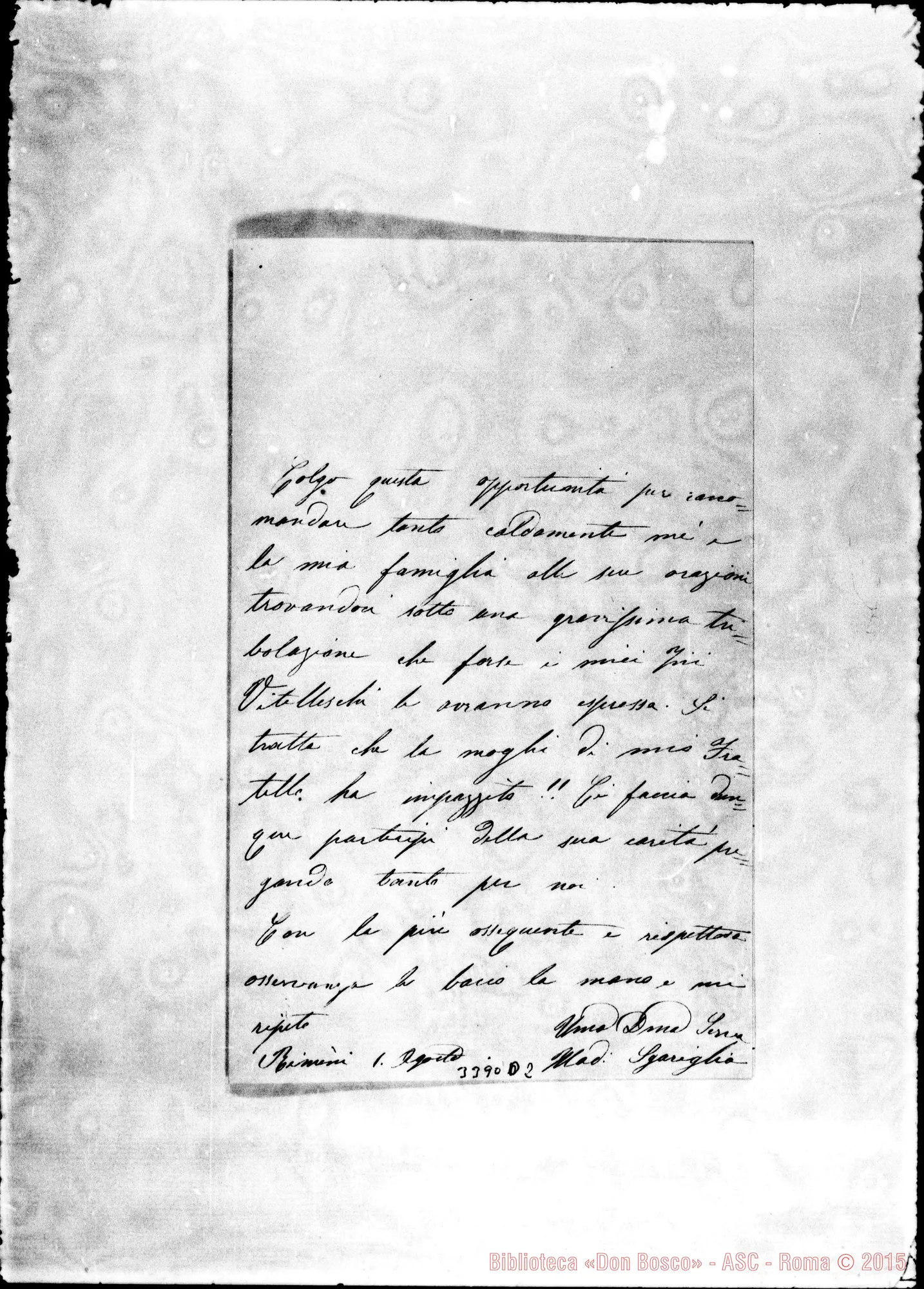 Fotogramma D 2 — Mad.. Sgariglia-Don Bosco. Rimini, 1-08-1881 Autogr. Bosco