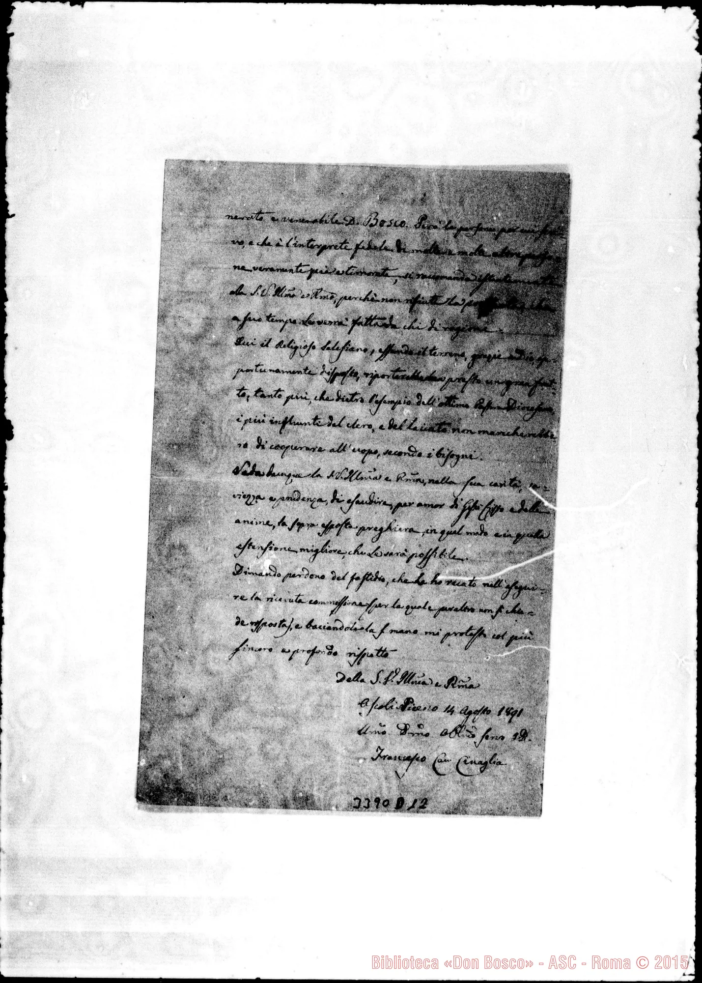 Fotogramma D 12 — Can. Francesco Cinaglia-Don Rua. Ascoli, 14-08-1891 Autogr. Rua