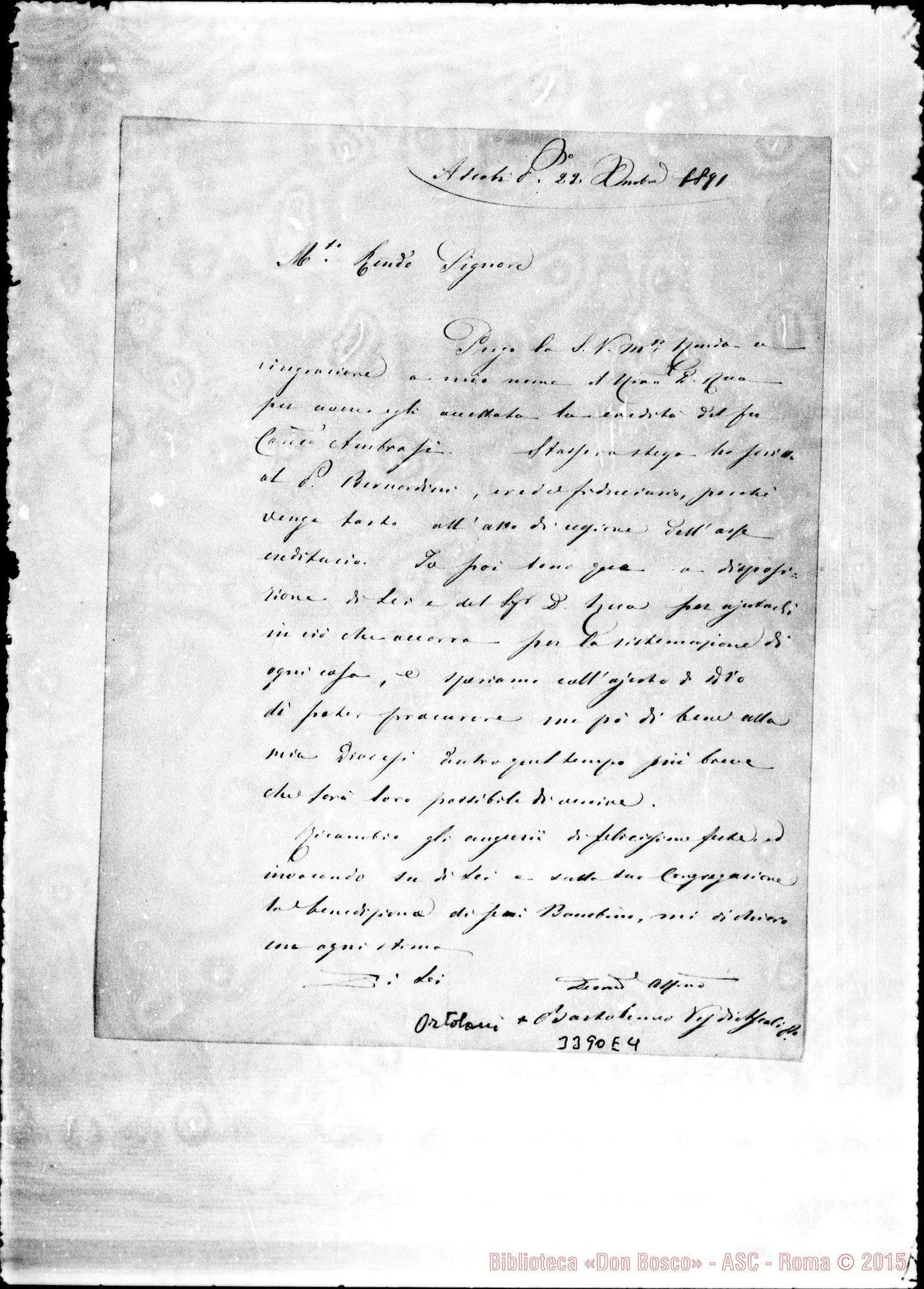 Fotogramma E 4 — Bartolomeo Ortolano, vesc.-Rev.do Sig. Ascoli, 22-12-1891