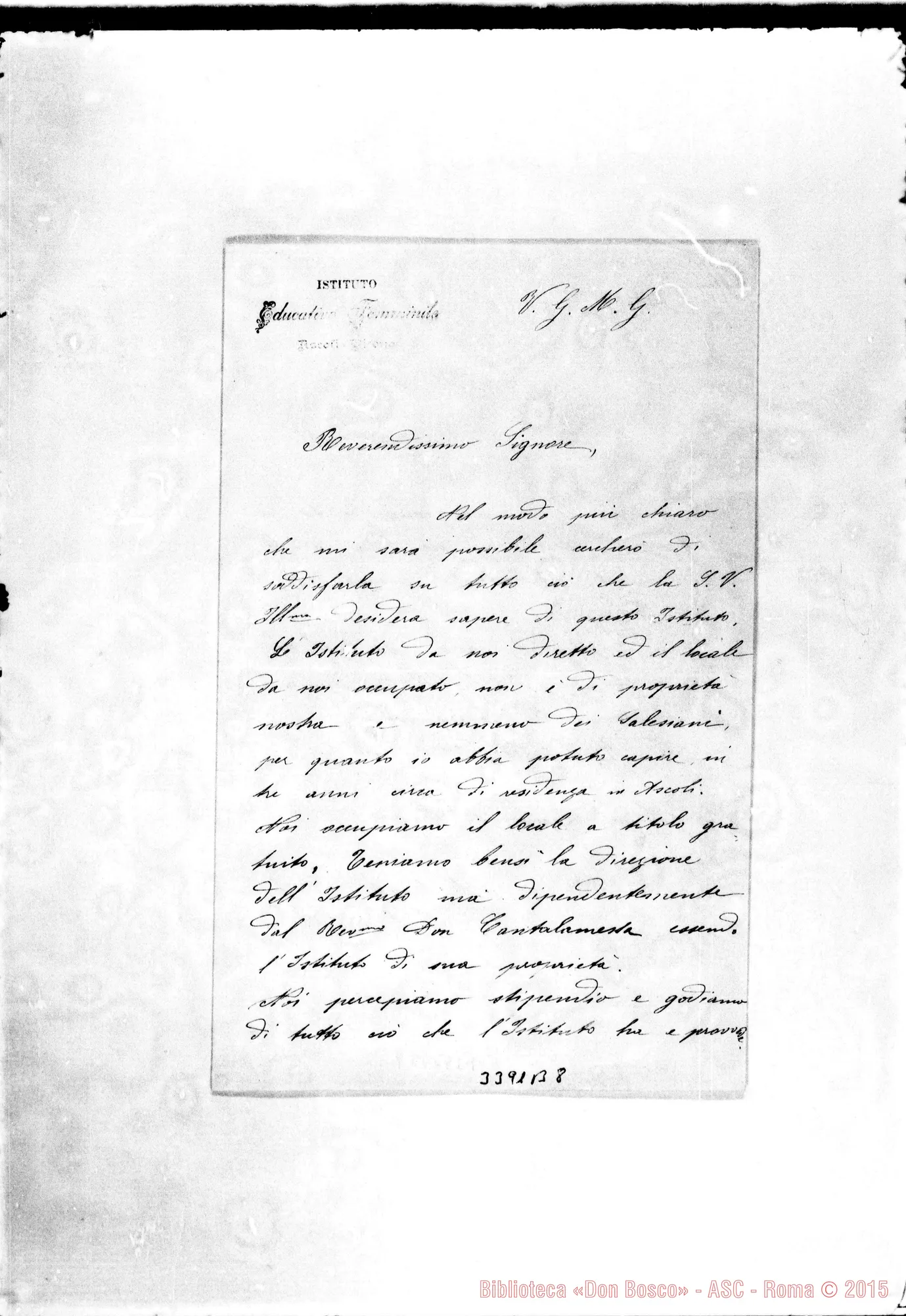 Fotogramma B 8 — Suor Beatrice Pogliano, F.M.A.-Rev.mo Sig., con nota per la risposta.