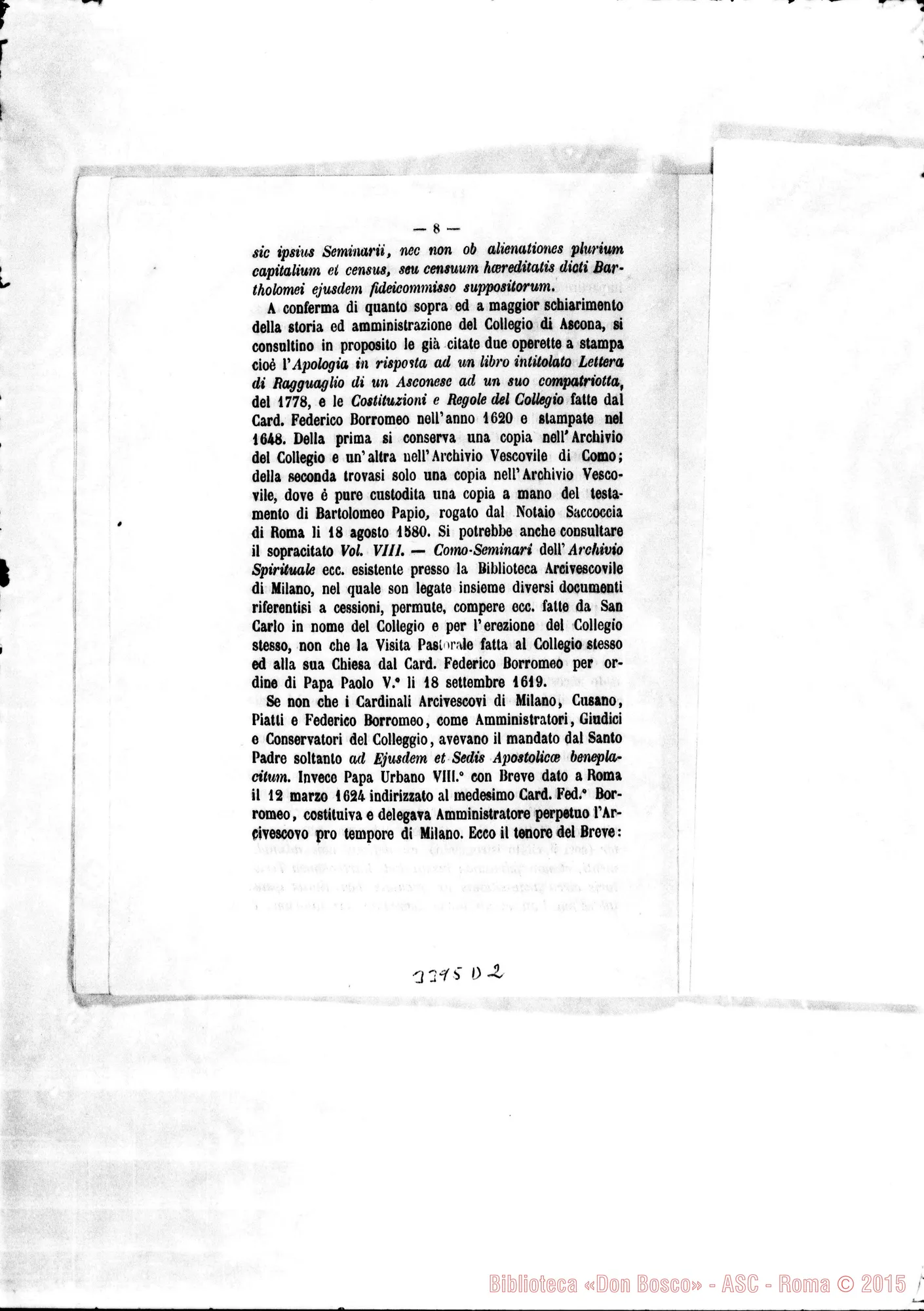 Fotogramma D 2 — Cenni storici sul Collegio Pontificio di Ascona. Stampato, 1881 Autogr. Rua