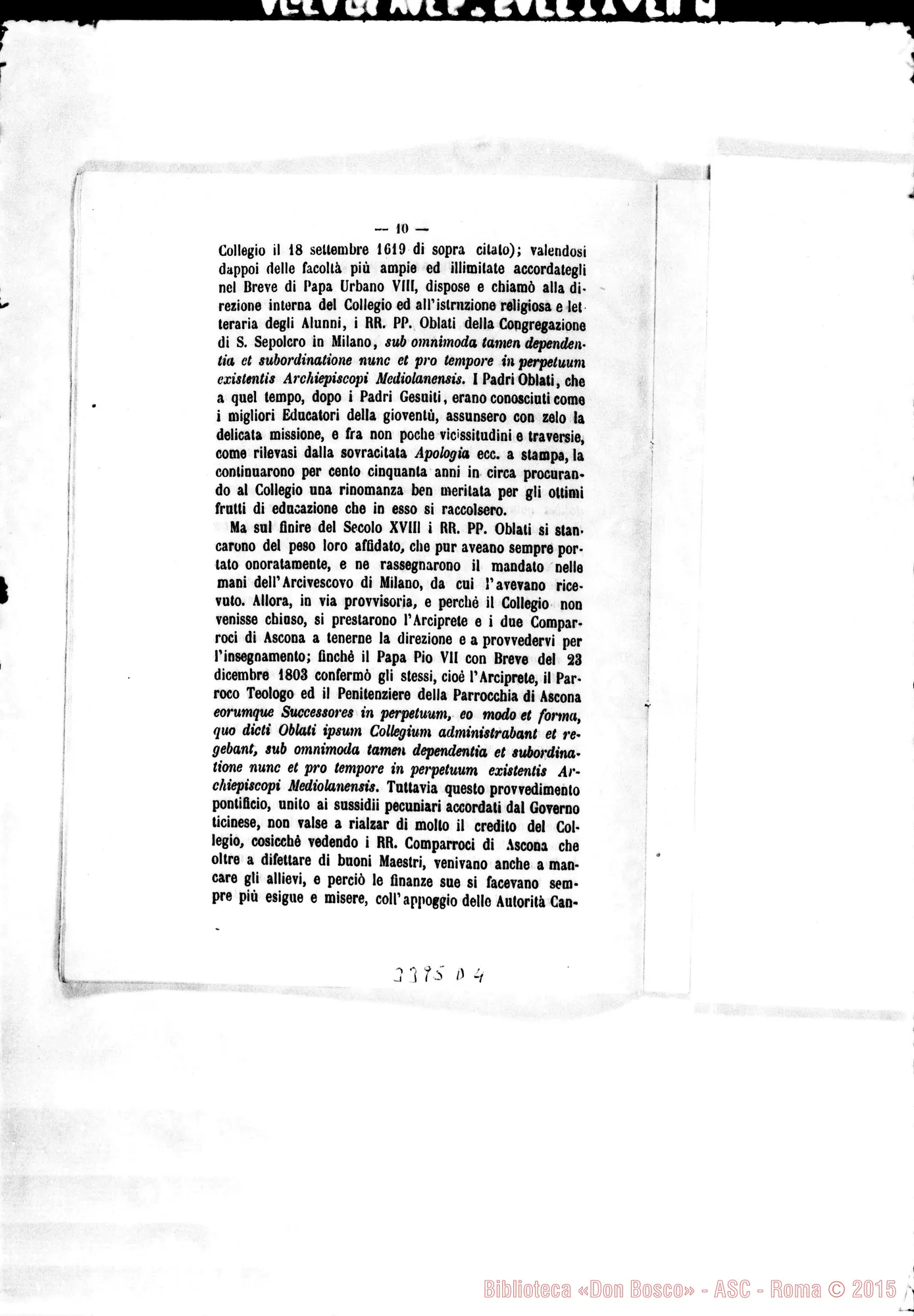 Fotogramma D 4 — Cenni storici sul Collegio Pontificio di Ascona. Stampato, 1881 Autogr. Rua
