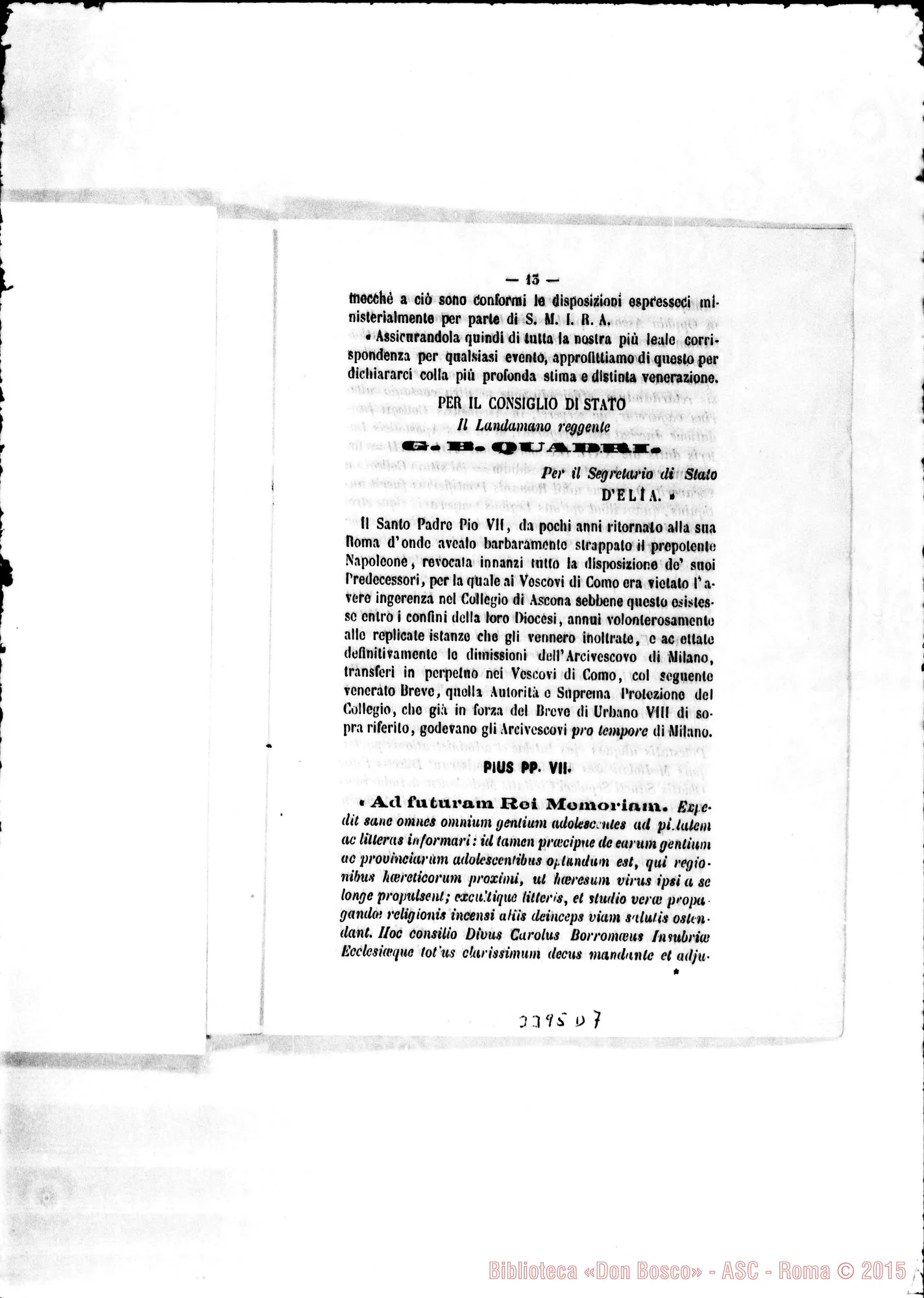 Fotogramma D 7 — Cenni storici sul Collegio Pontificio di Ascona. Stampato, 1881 Autogr. Rua